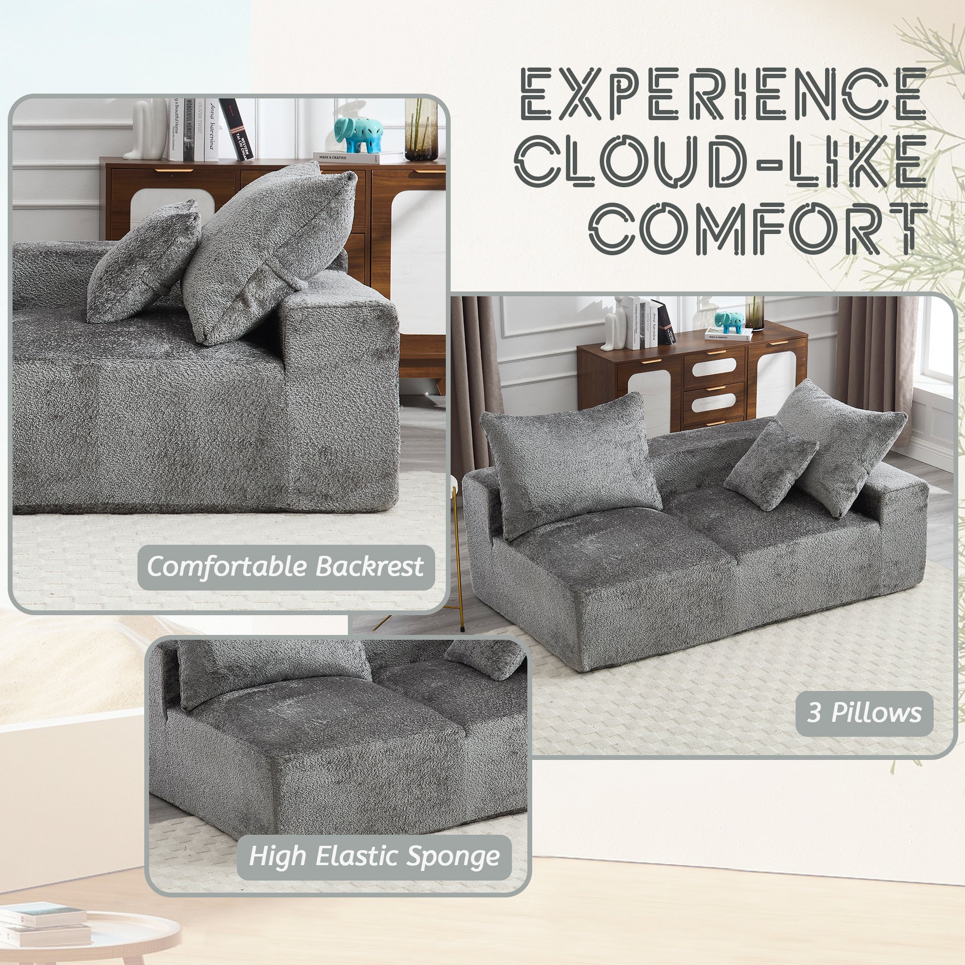 Plush grey sectional sofa with three matching cushions ideal for living rooms