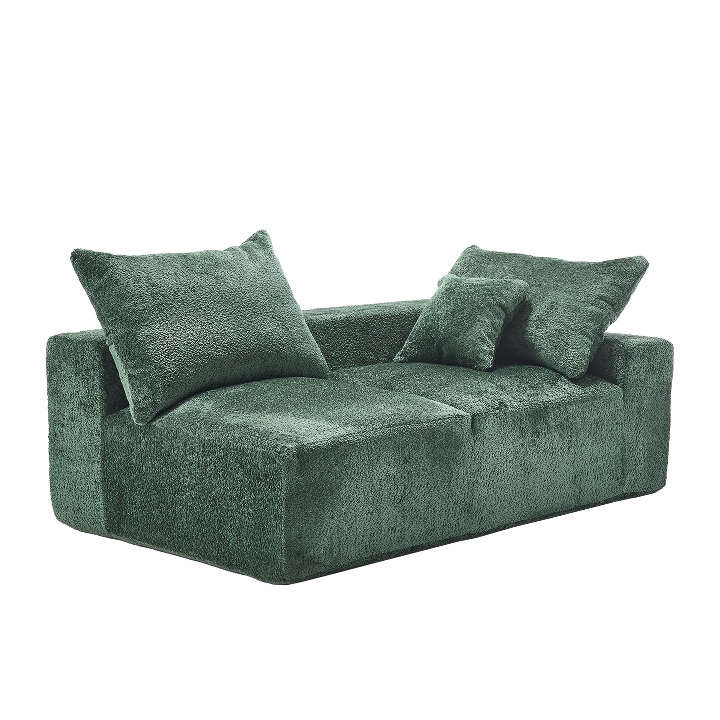 Plush green modern sofa with deep seat cushions and textured fabric
