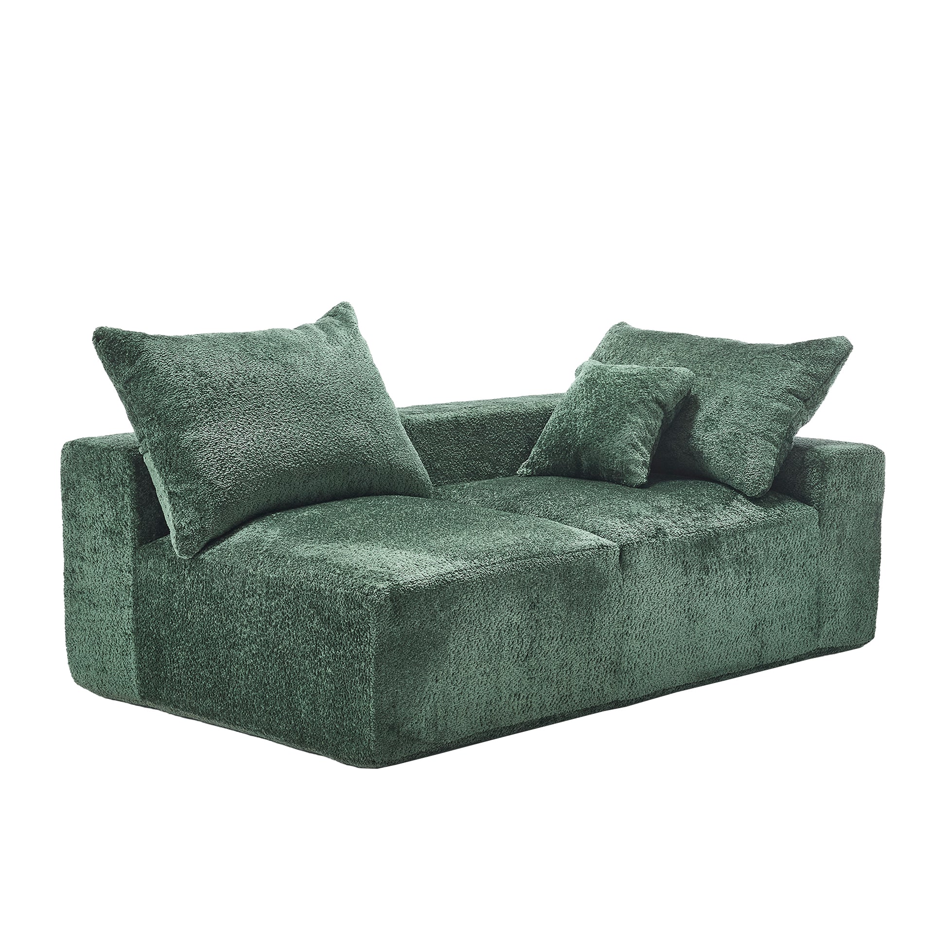 Plush green modern sofa with deep seat cushions and textured fabric