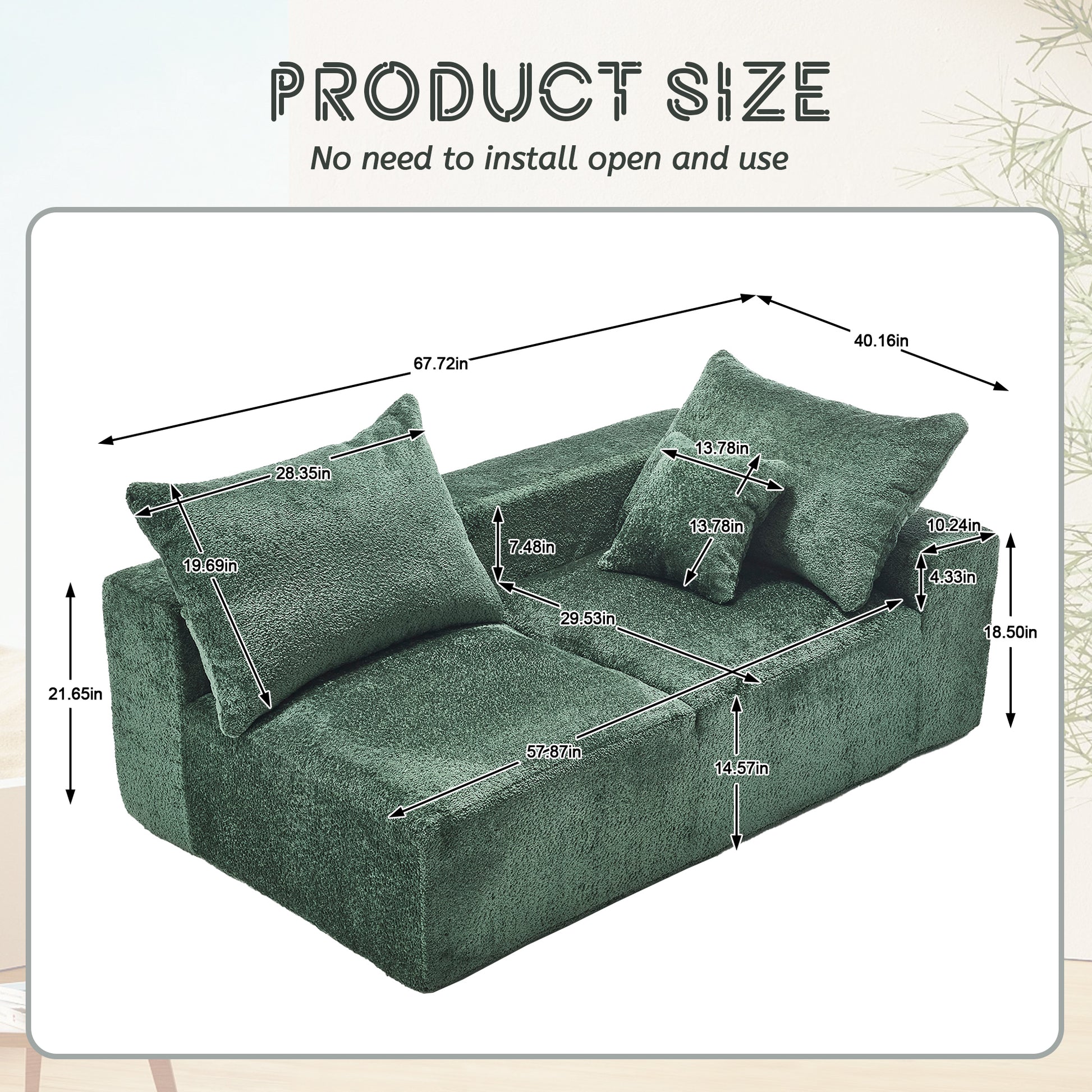 Deep green modular sofa with plush texture and scatter cushions featuring detailed product dimensions for size reference