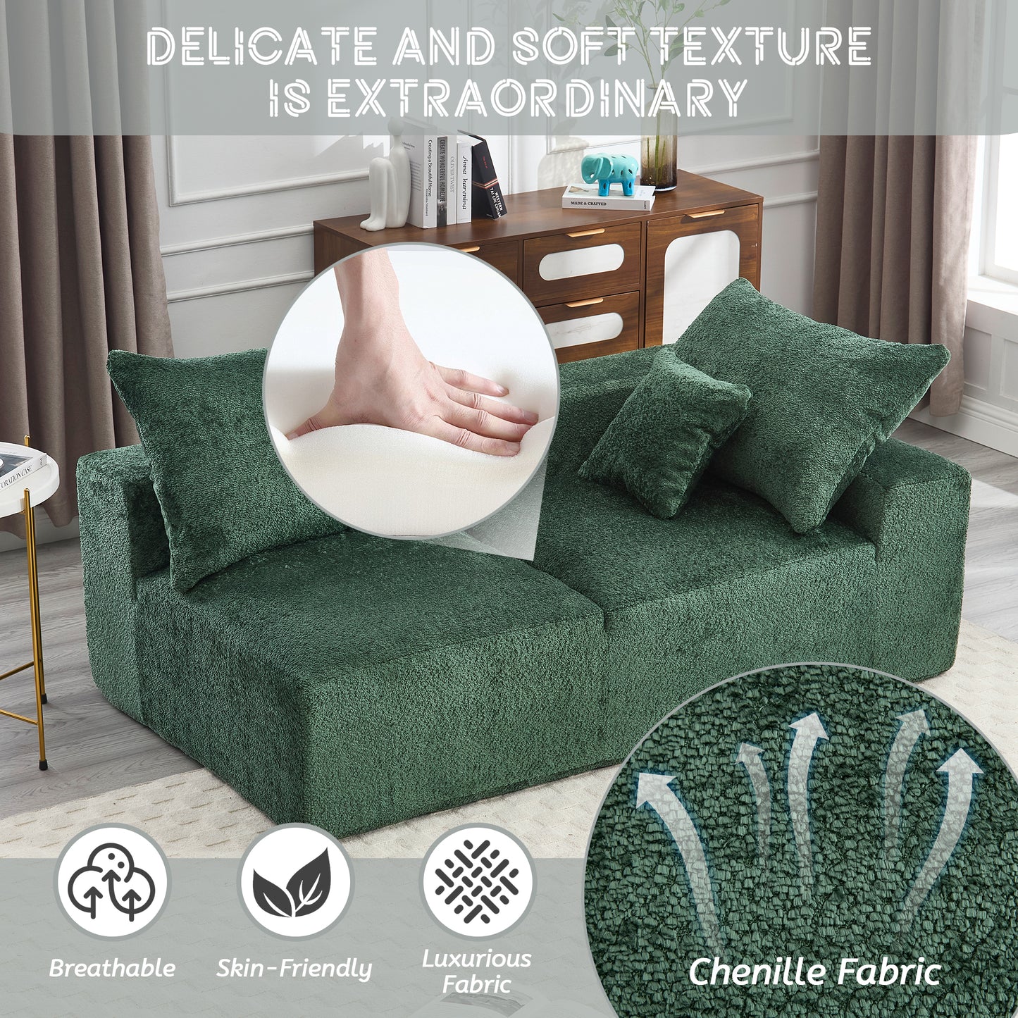 Plush green chenille sofa cover with matching throw pillows offering luxurious comfort