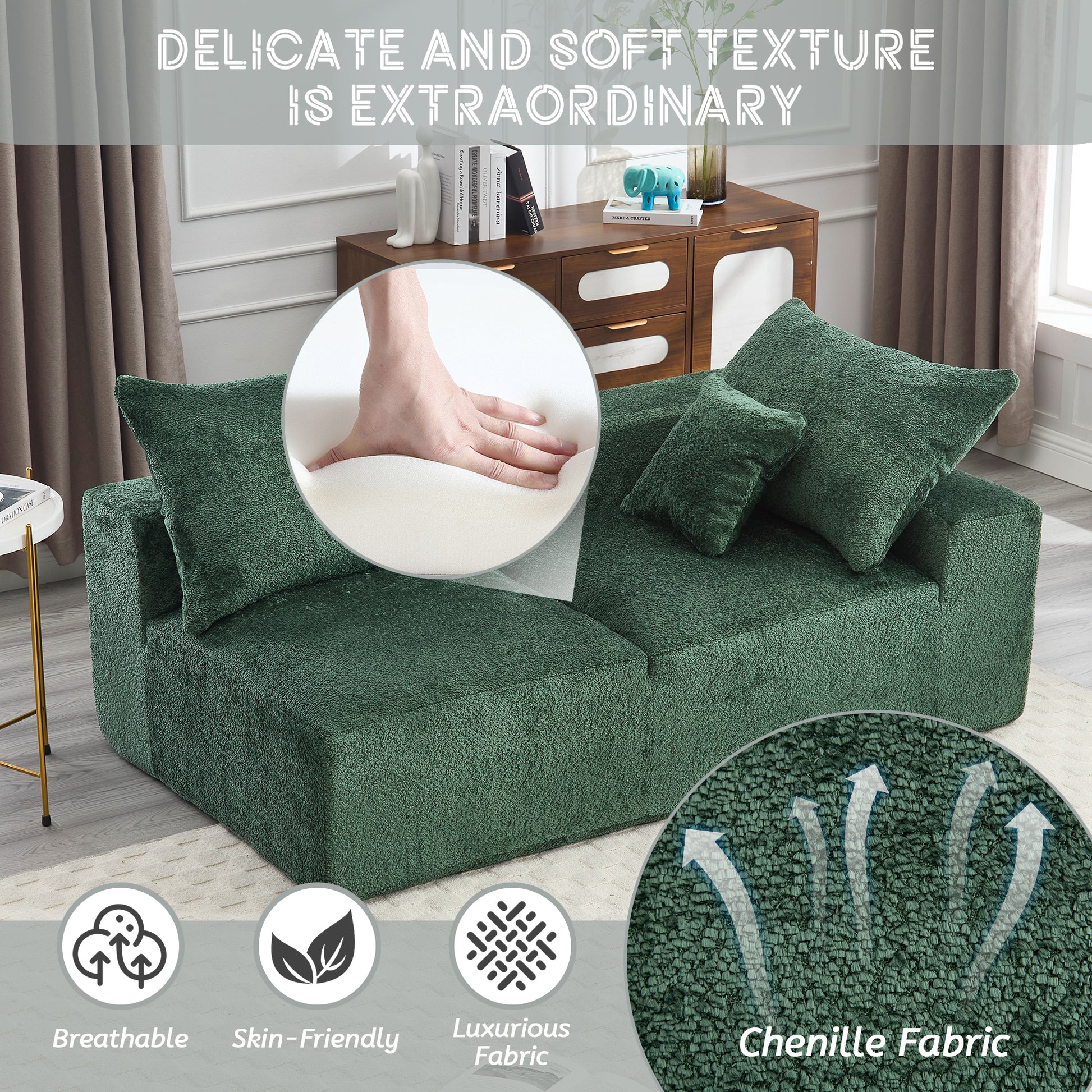 Plush green chenille sofa cover with matching throw pillows offering luxurious comfort