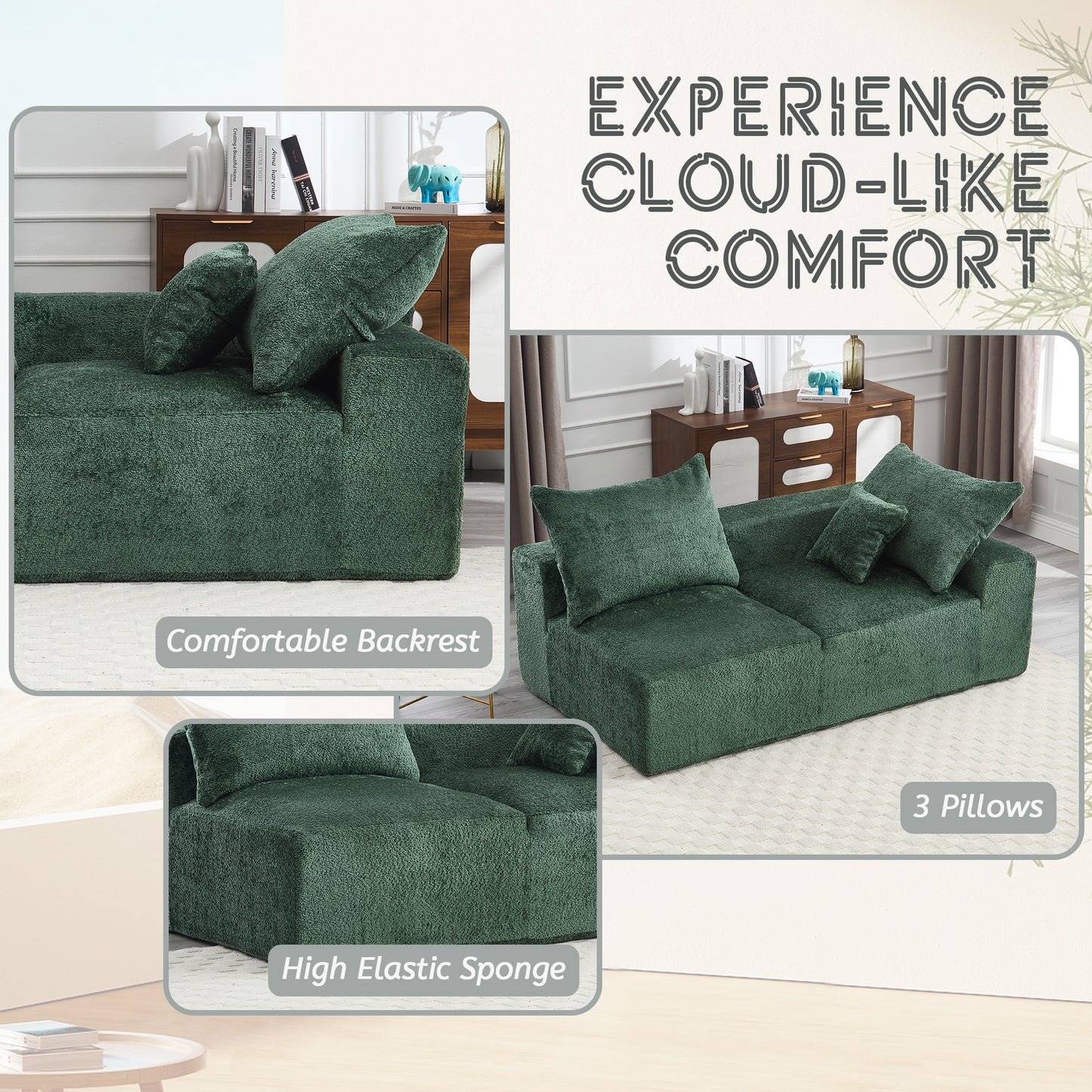 Flexible 2-Seater Couch with Memory Foam and Chenille Fabric, Emerald