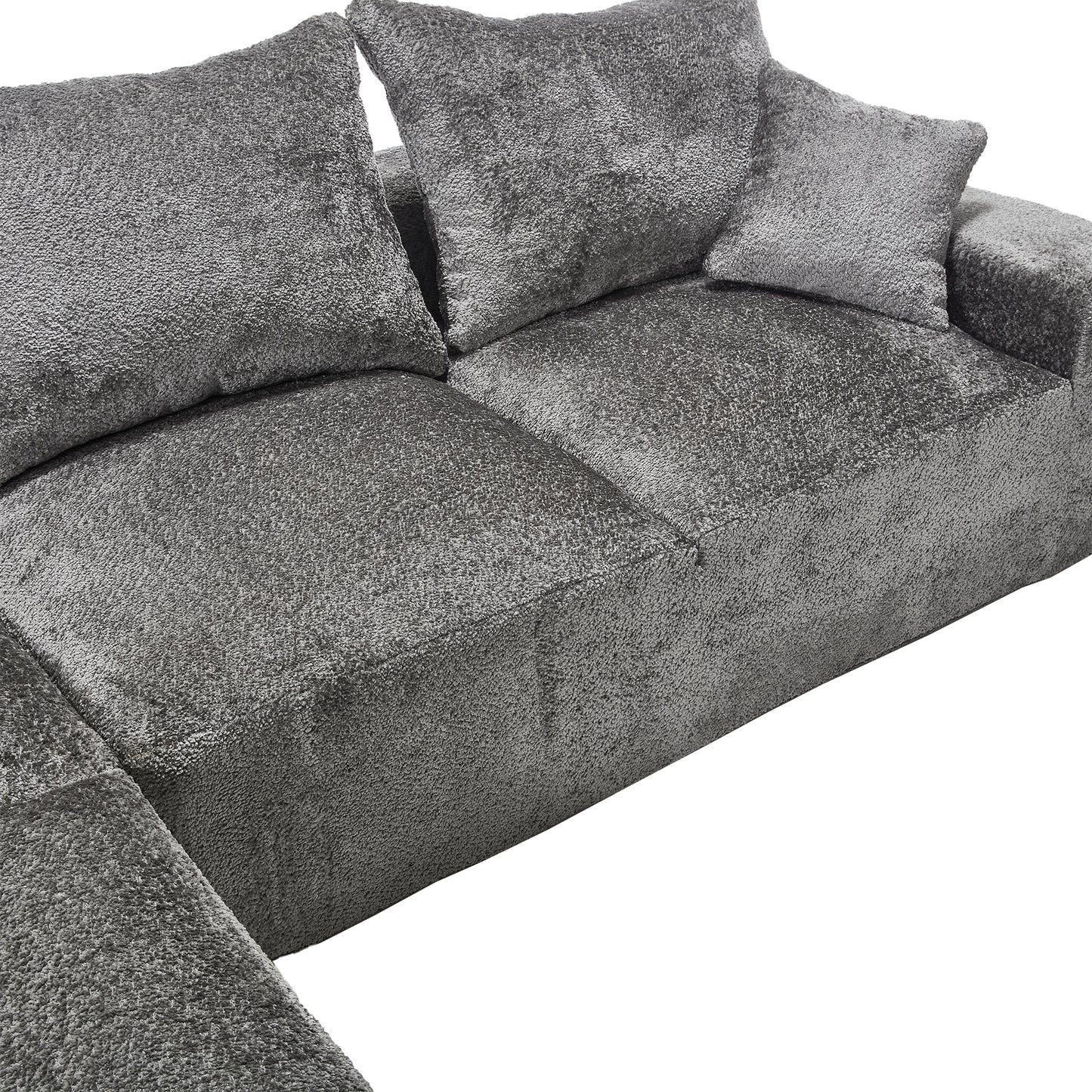 Gray textured fabric sectional sofa with plush throw pillows