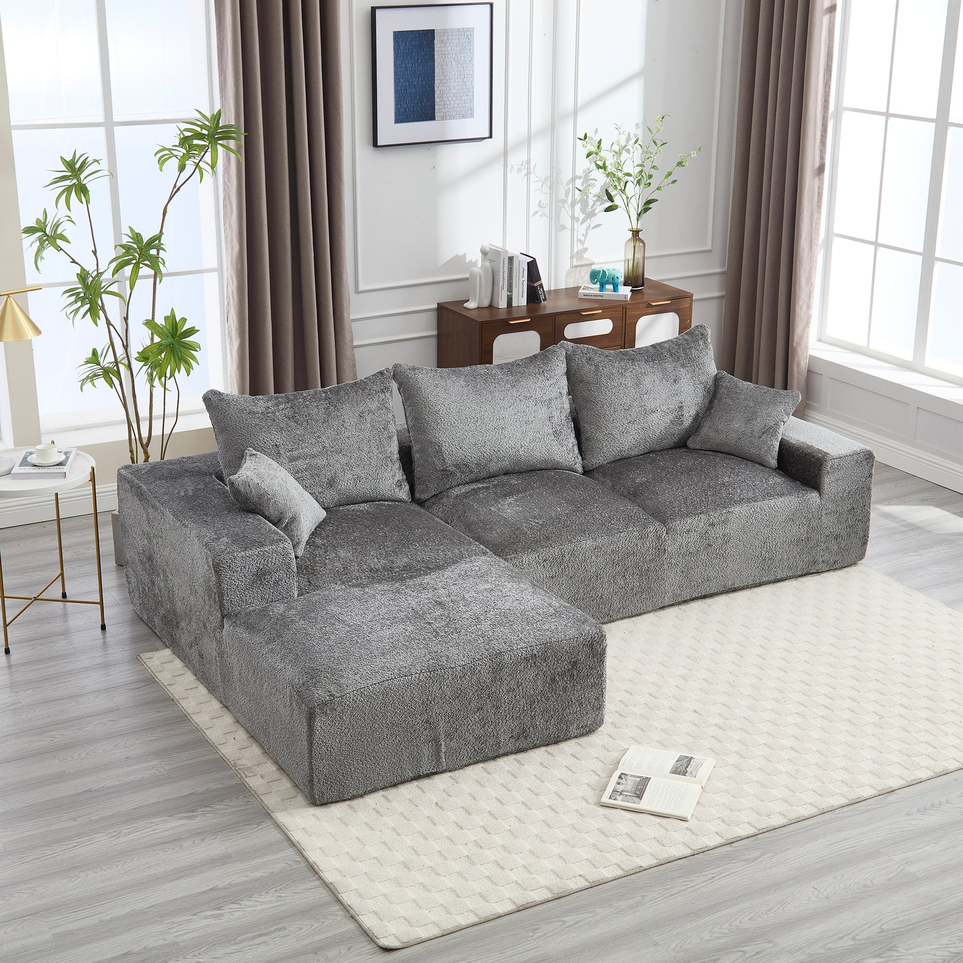 Plush grey sectional sofa with soft texture modern living room style