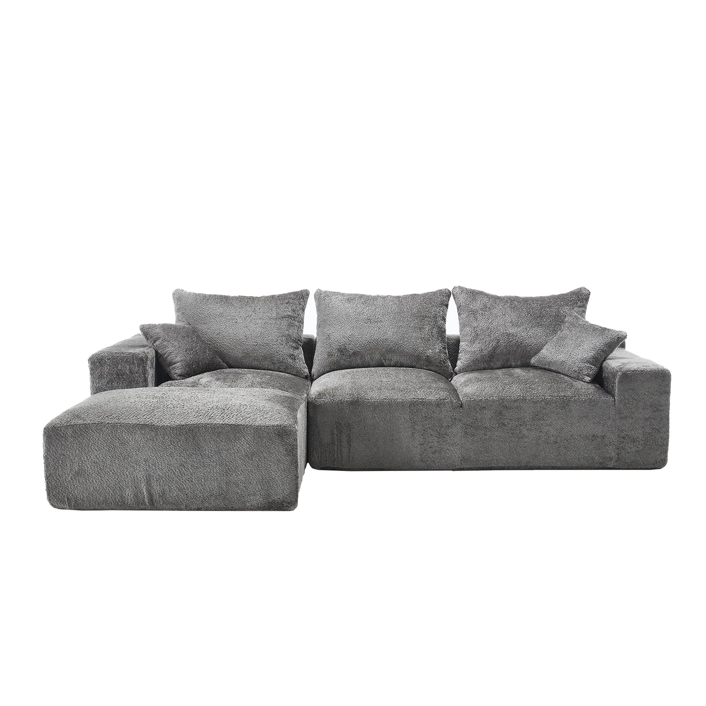 Plush grey sectional sofa with chaise lounge and multiple throw pillows for ultimate comfort