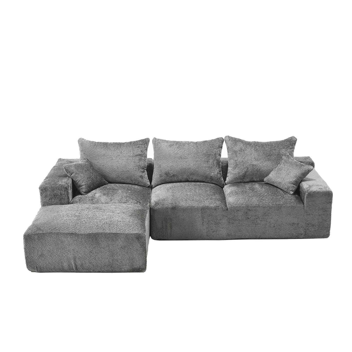 Plush grey sectional sofa with textured fabric and matching throw pillows for modern living room comfort
