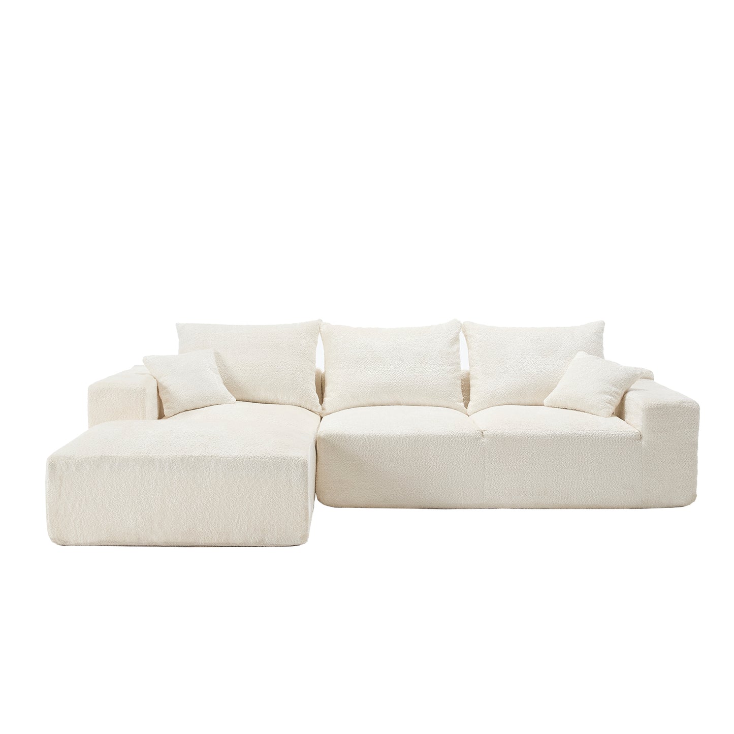 Plush cream boucle sectional sofa with multiple accent pillows for modern living rooms