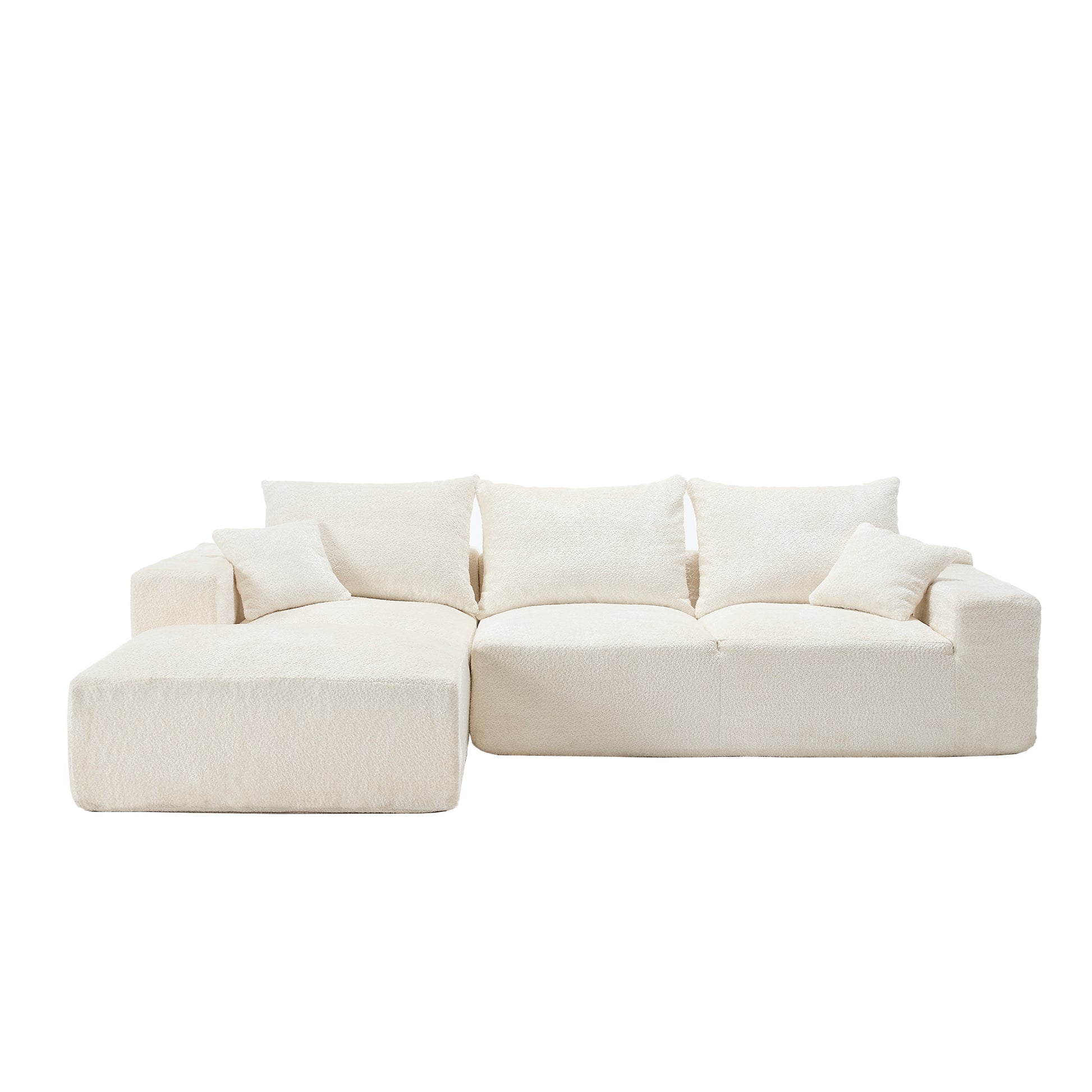 Plush cream boucle sectional sofa with multiple accent pillows for modern living rooms