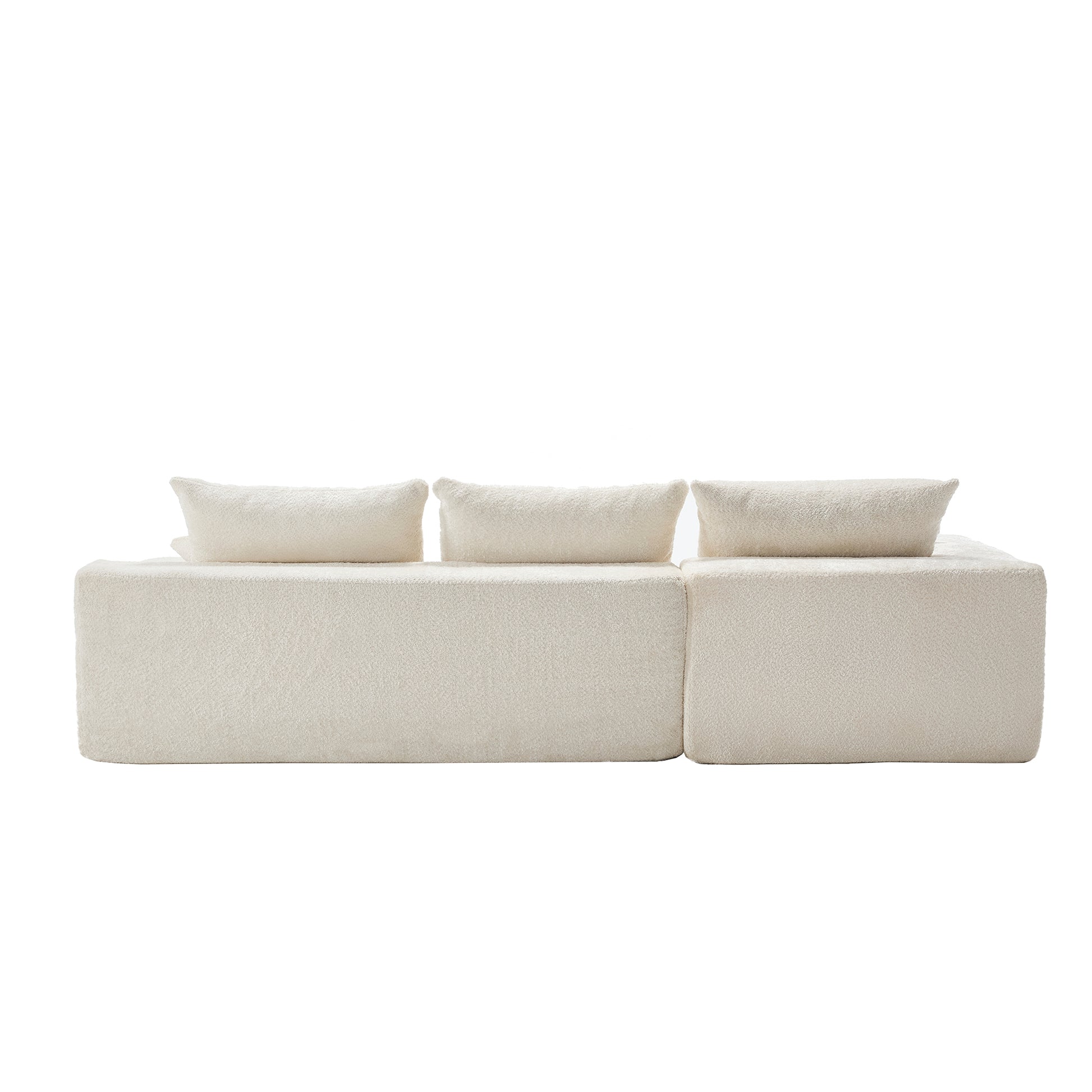 Cream boucle fabric sectional sofa with three plush back cushions modern design