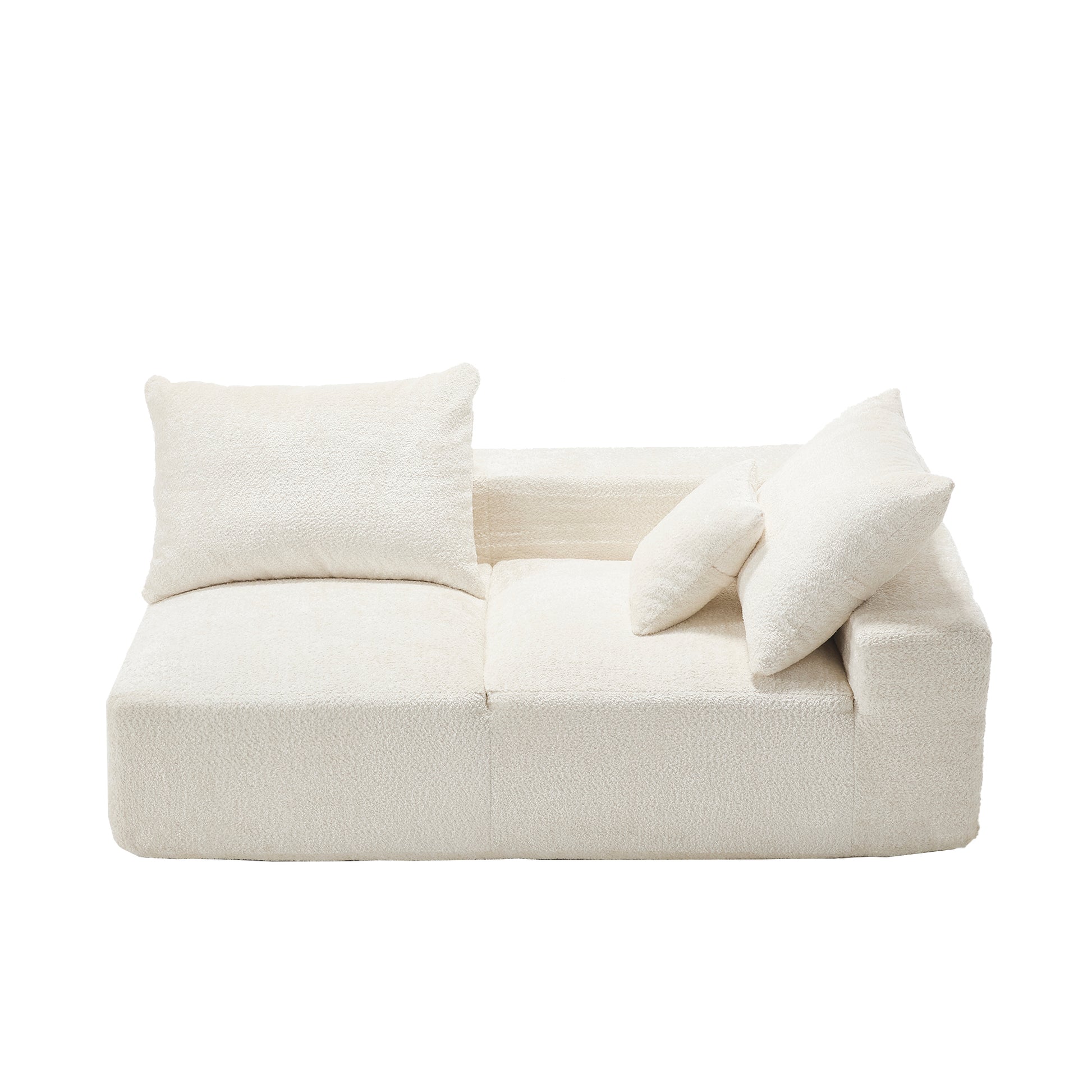 Plush cream boucle sofa with two throw pillows perfect for a modern living room