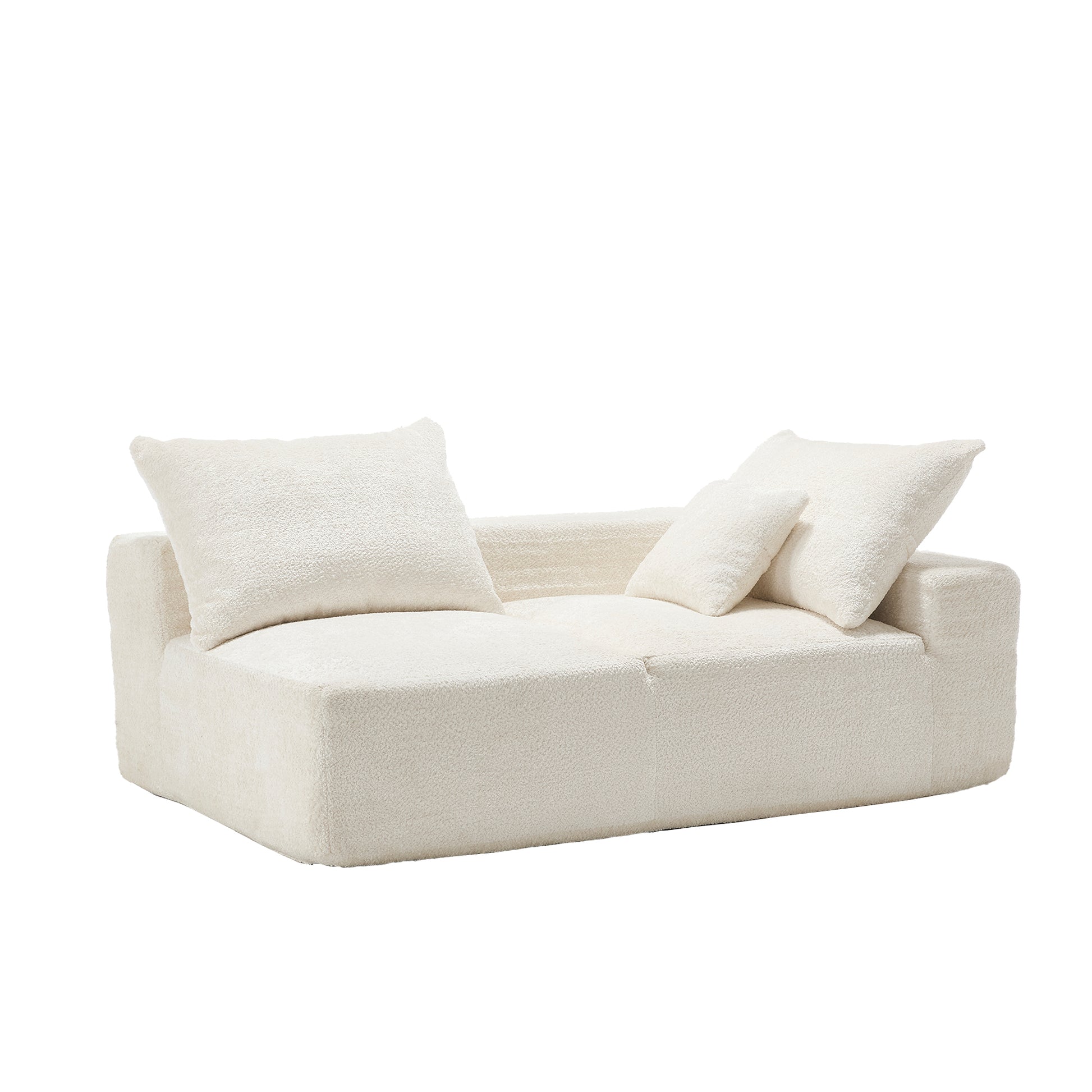 Cream boucle sofa with three scatter cushions for living room comfort