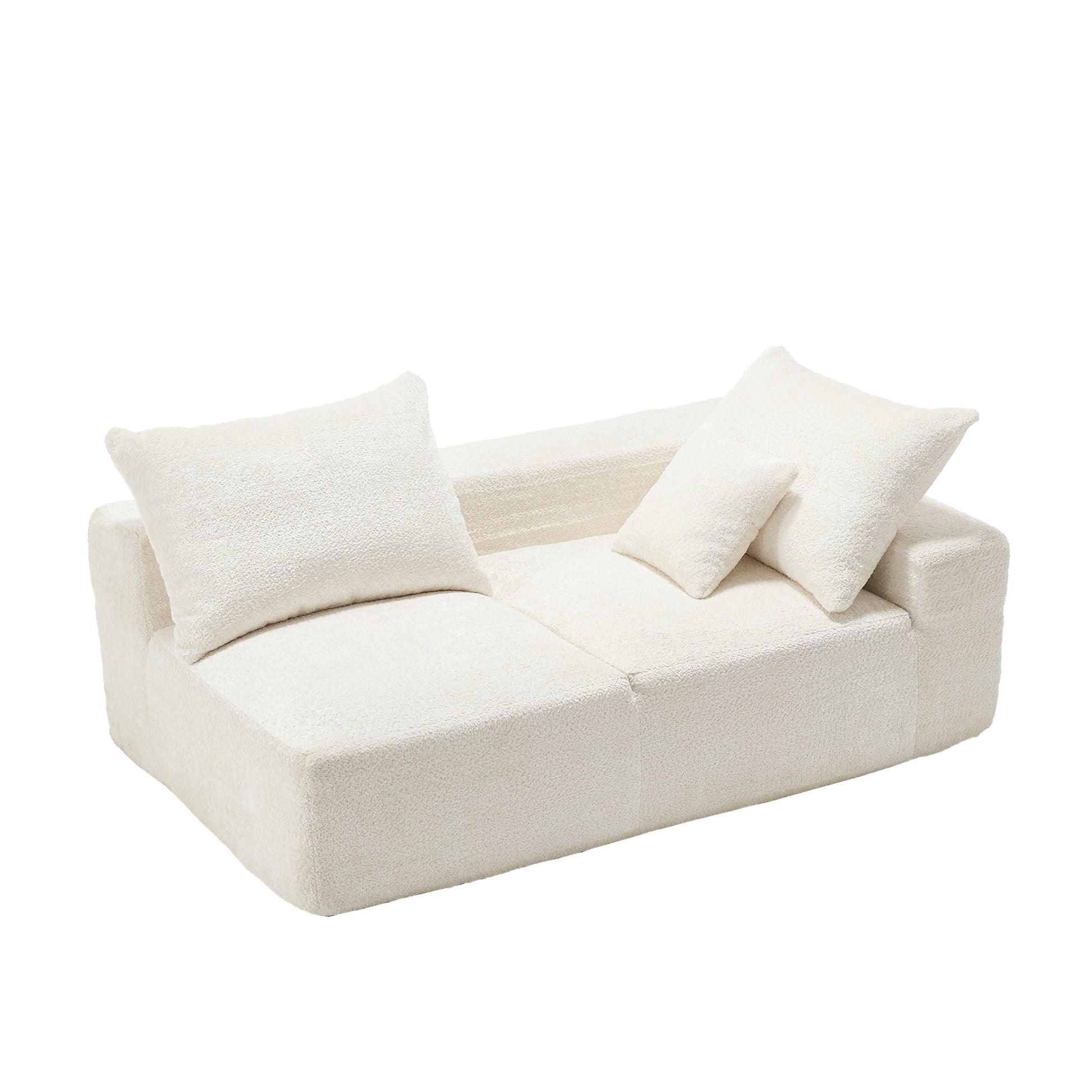 Plush cream boucle fabric sofa with two matching throw pillows for modern living spaces