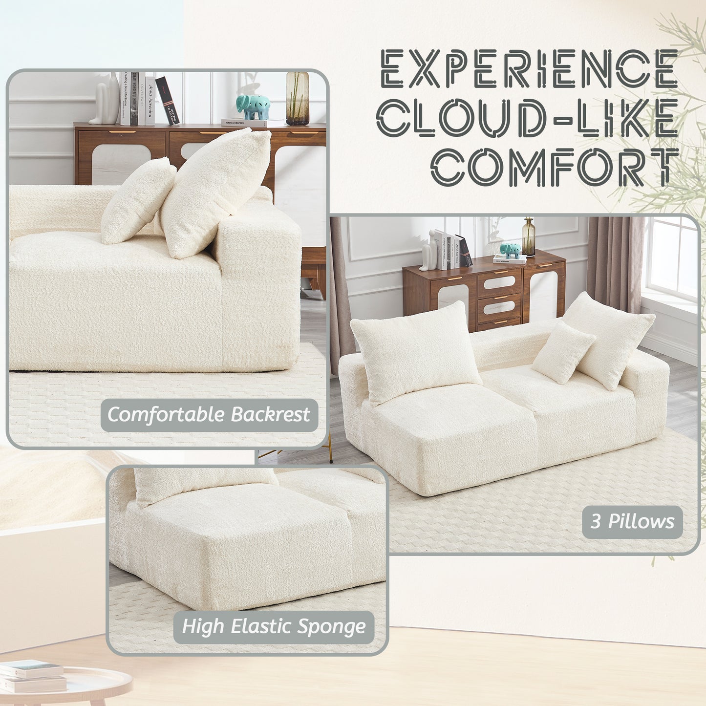 Cream teddy fabric sectional sofa with plush pillows perfect for living rooms