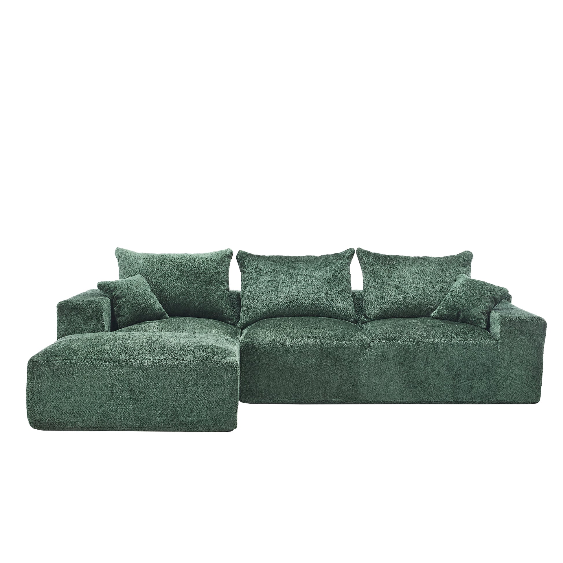 Plush green sectional sofa with deep seating and soft textured fabric perfect for modern living rooms