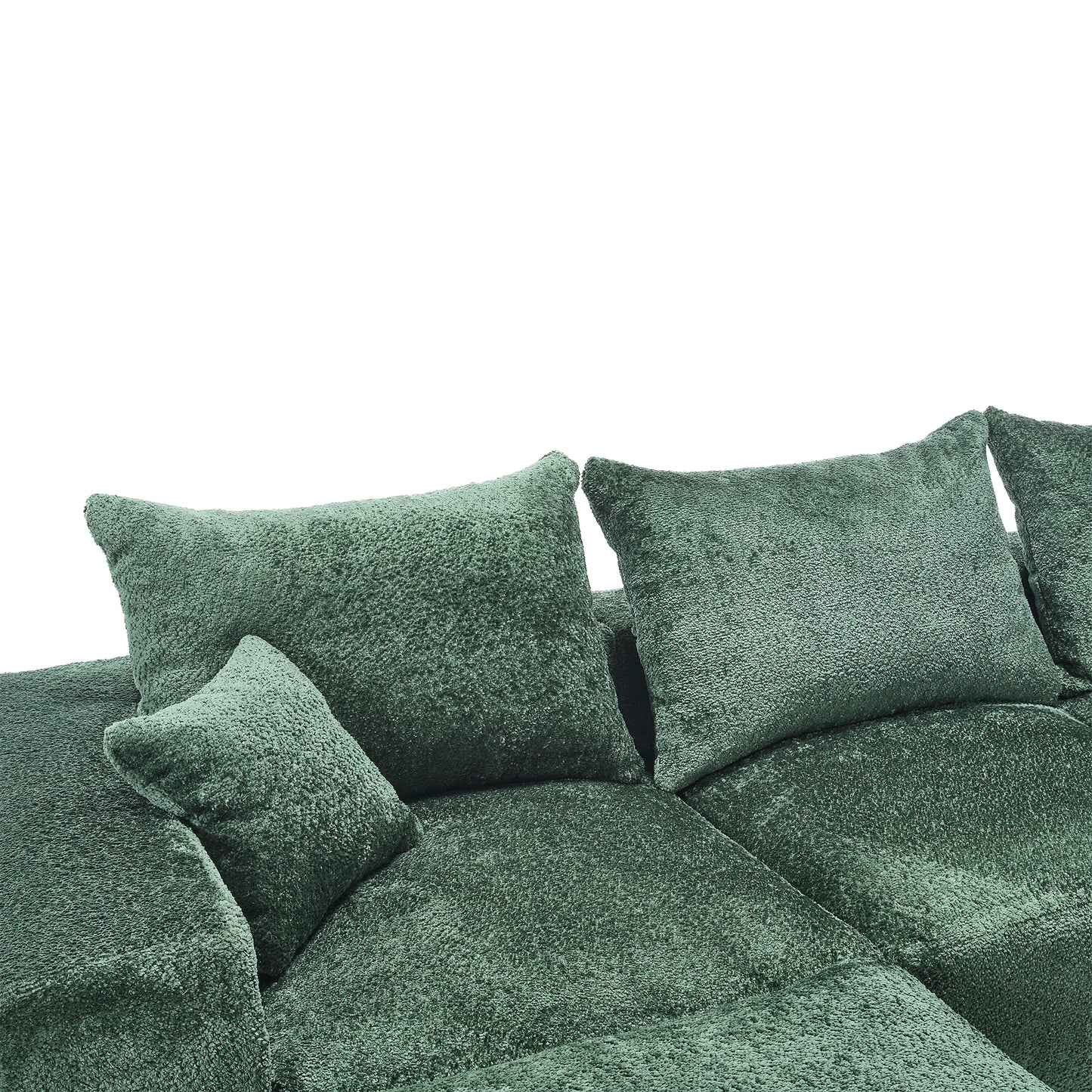 Plush dark green chenille fabric sofa with multiple textured cushions