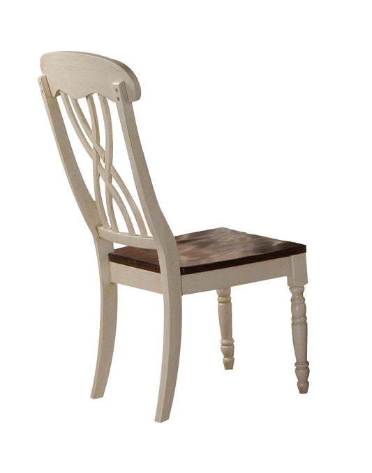 Cream upholstered dining chair with distressed wood seat and woven back detail