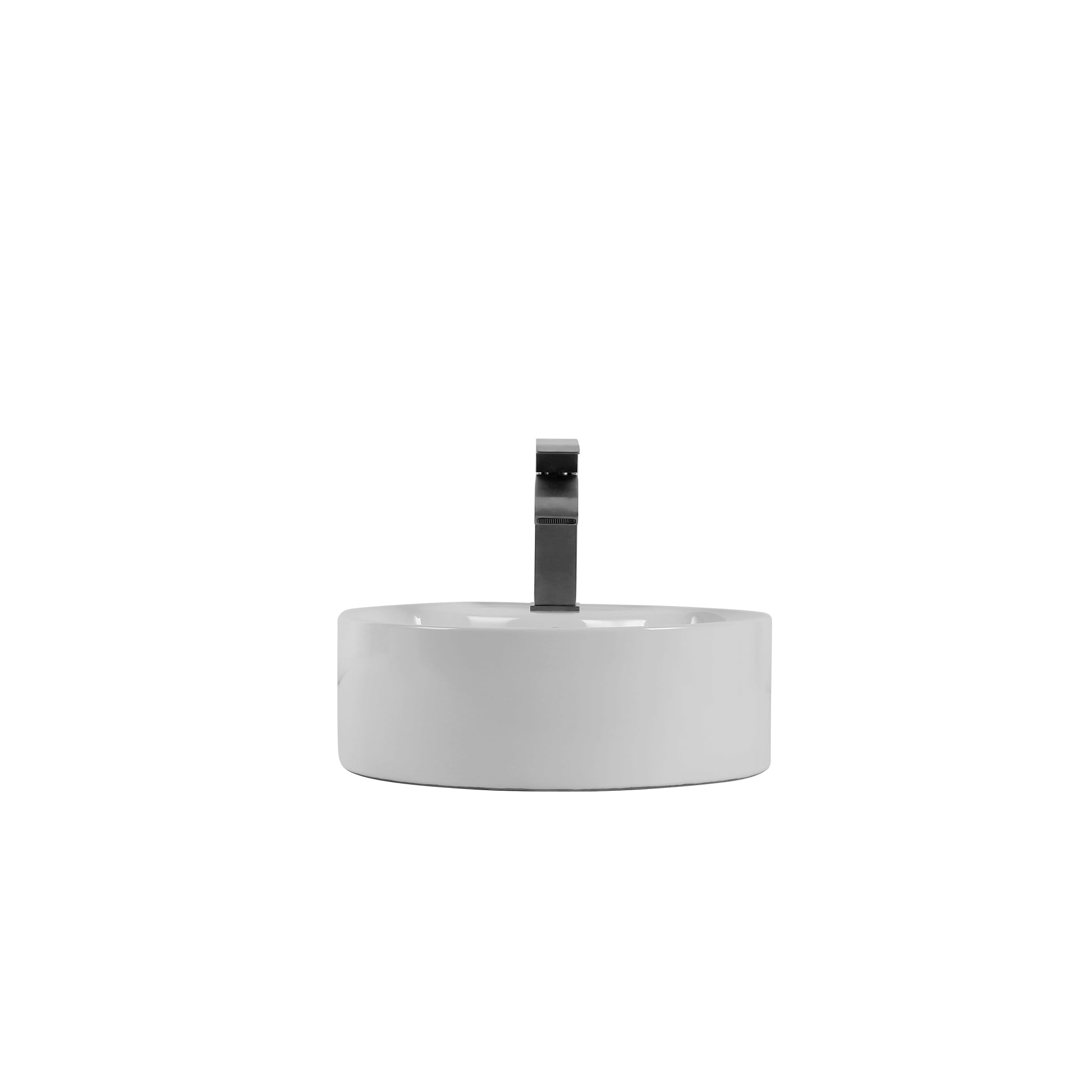 Round white ceramic vessel sink with sleek matte black faucet