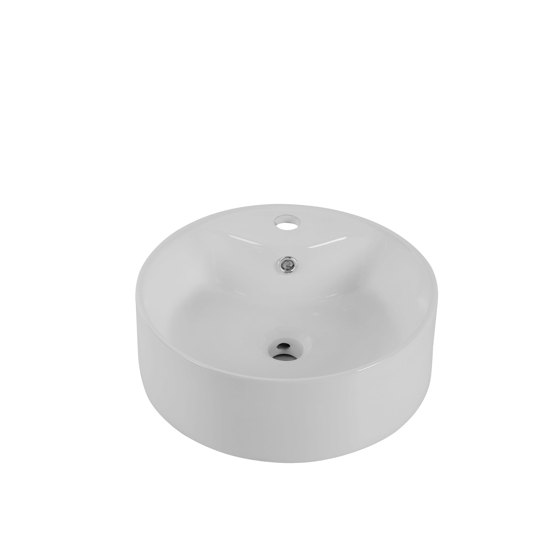 White ceramic vessel sink with sleek modern design and overflow hole