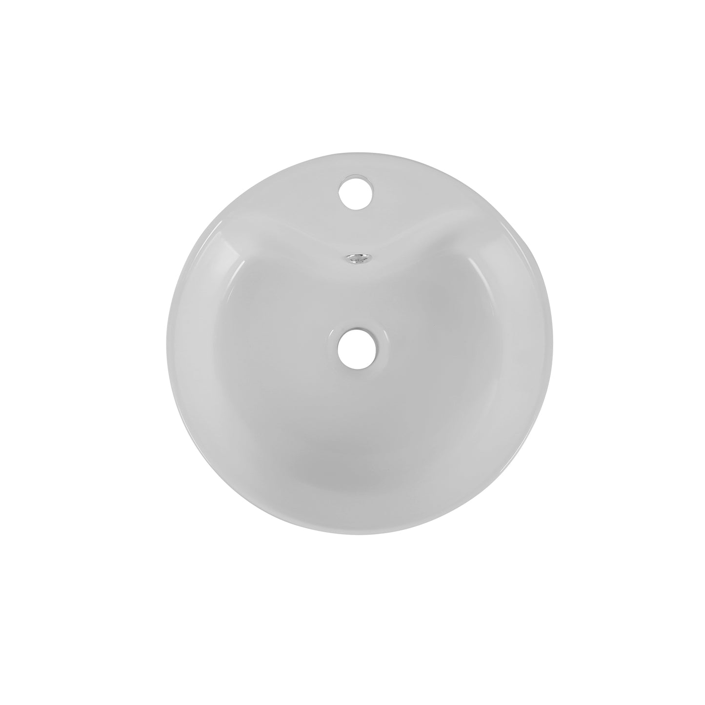 Round white ceramic vessel sink with two predrilled holes for faucet and drain