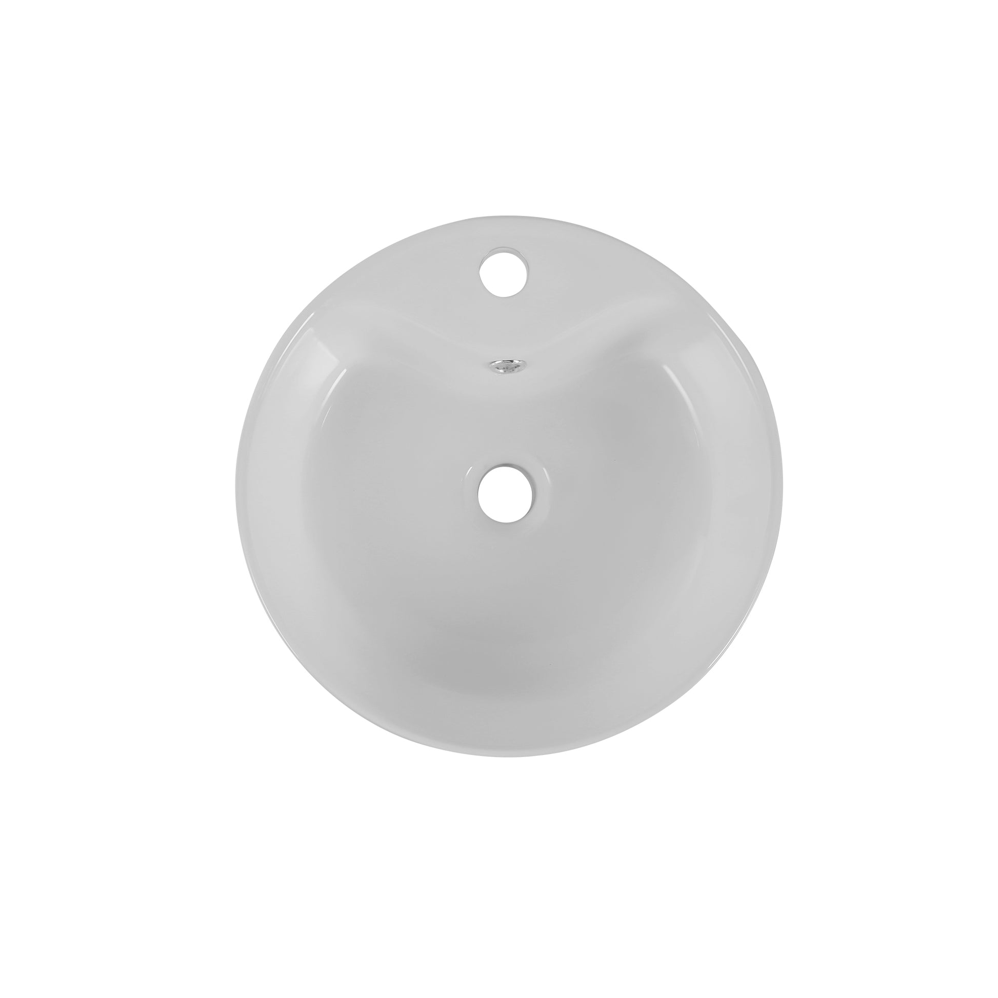 Round white ceramic vessel sink with two predrilled holes for faucet and drain