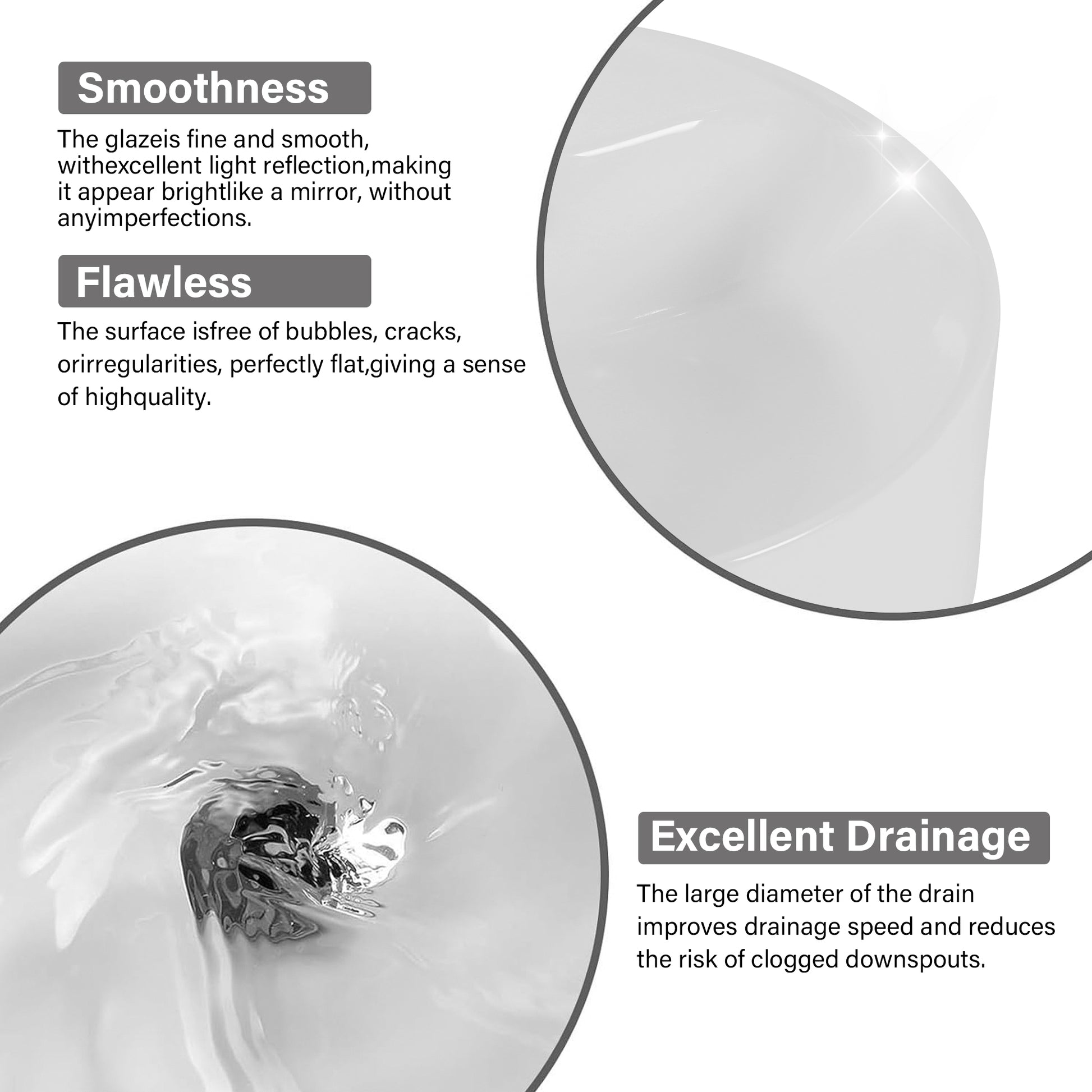Glossy white sink interior with smooth reflective surface and excellent light reflection