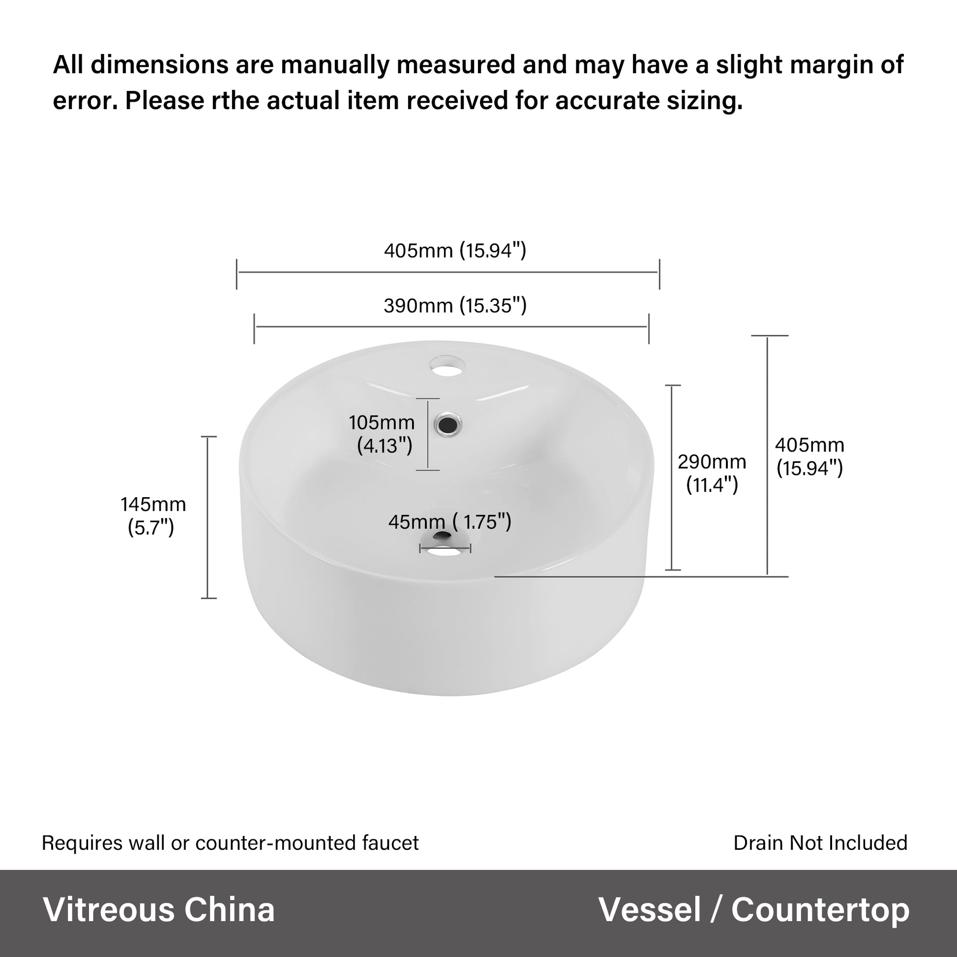 White vitreous china vessel sink with detailed dimensions shown in mm and inches