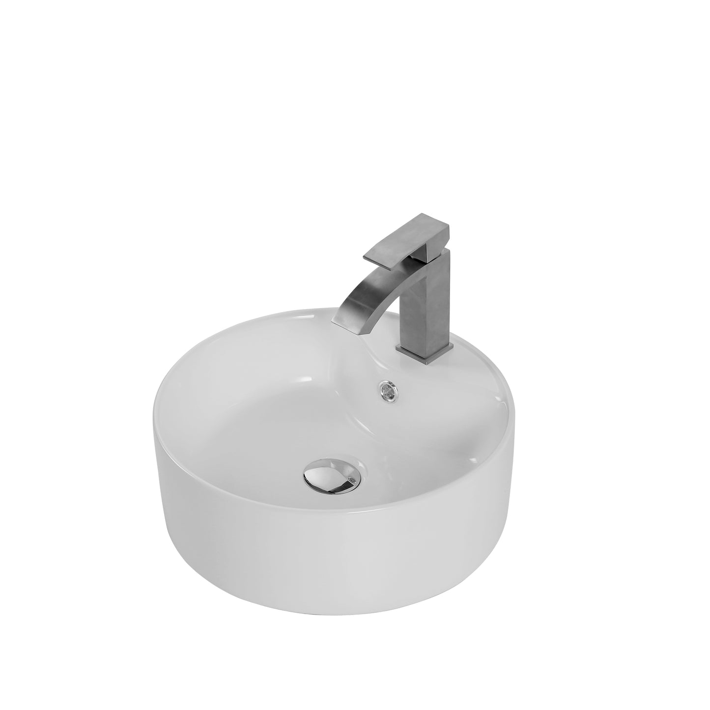 Modern white ceramic vessel sink with a sleek waterfall faucet and chrome drain