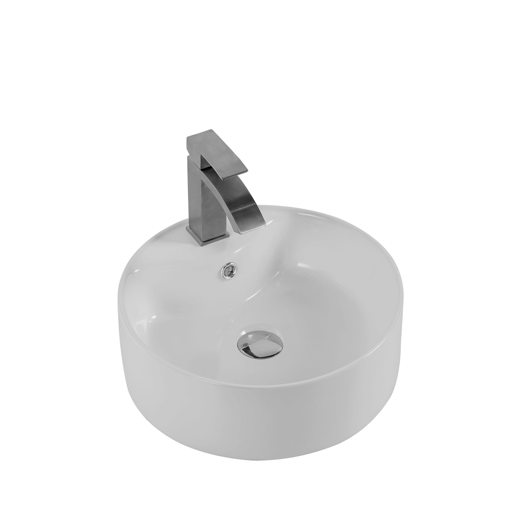 Modern white ceramic vessel sink with sleek chrome waterfall faucet