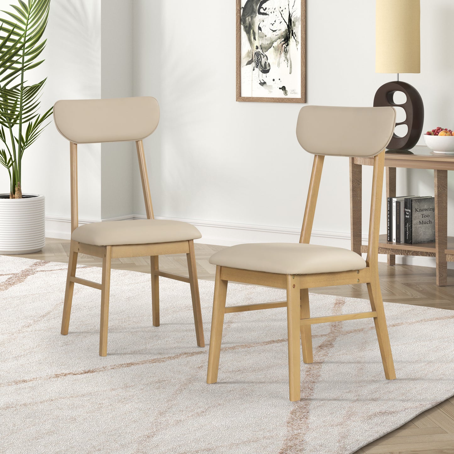 Beige upholstered dining chairs with natural wood frames