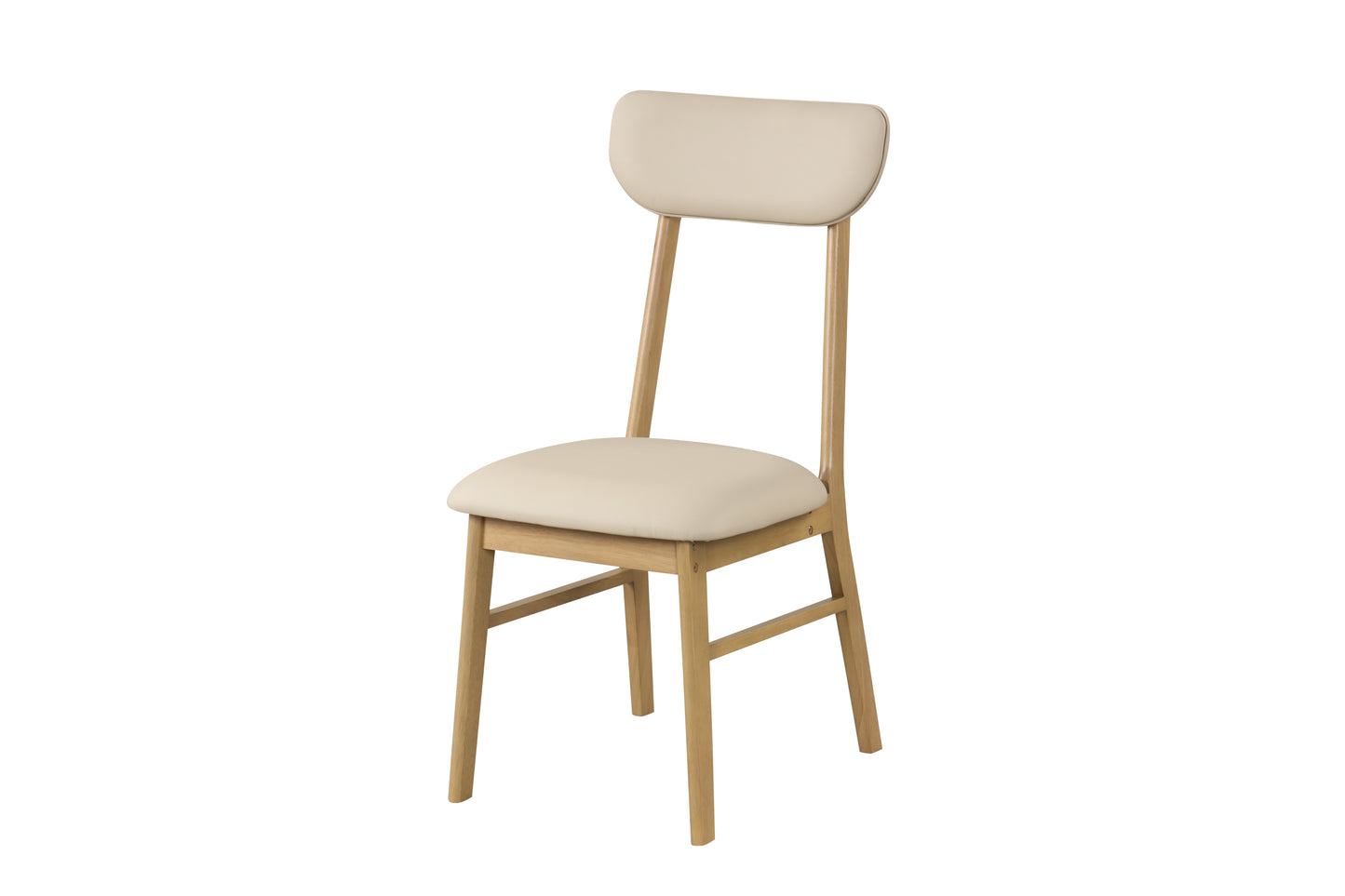 Beige upholstered dining chair with natural wood frame