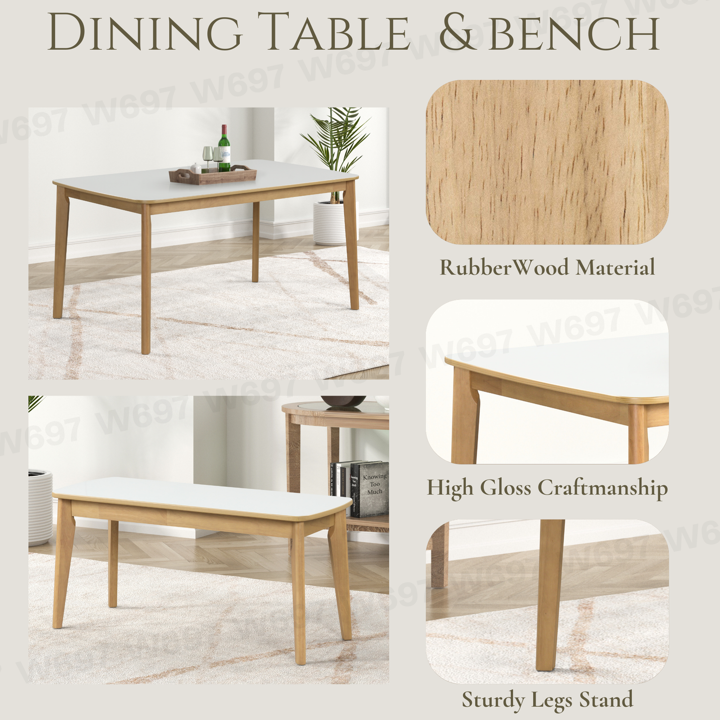 White dining table with light wood legs and tray
