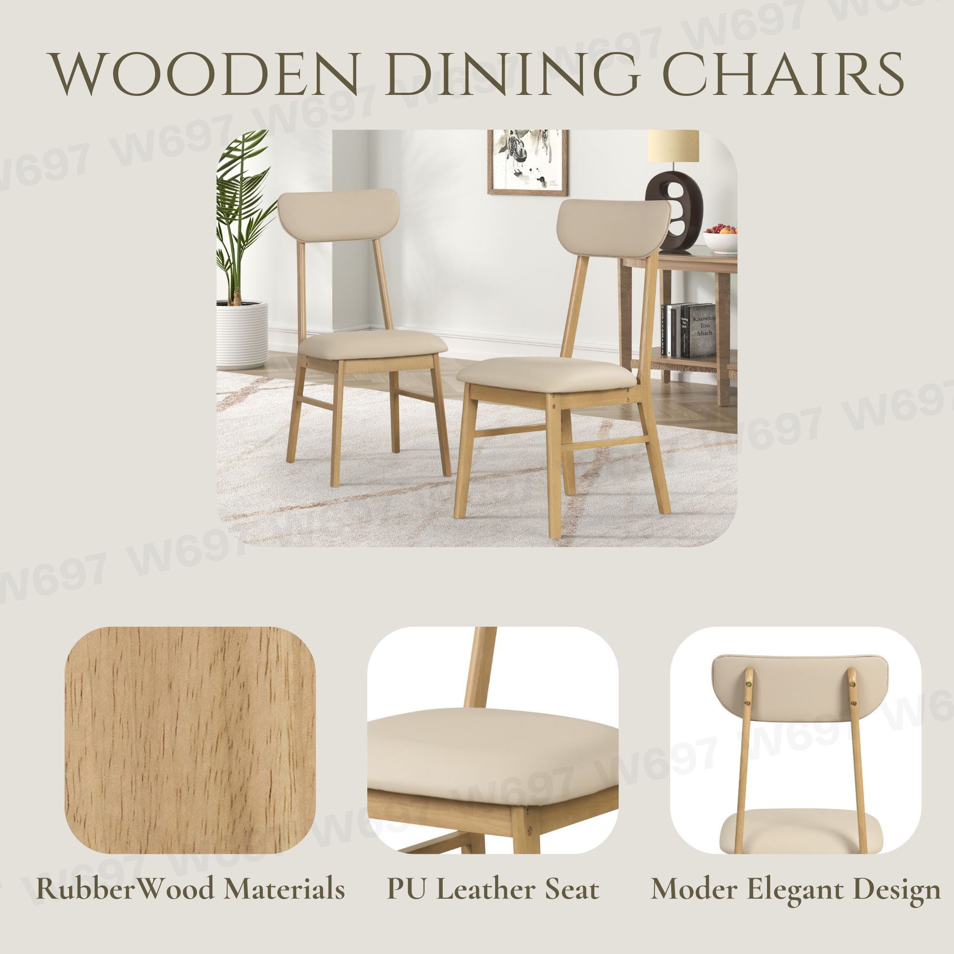 Light wood dining chair with upholstered beige PU leather seat and back