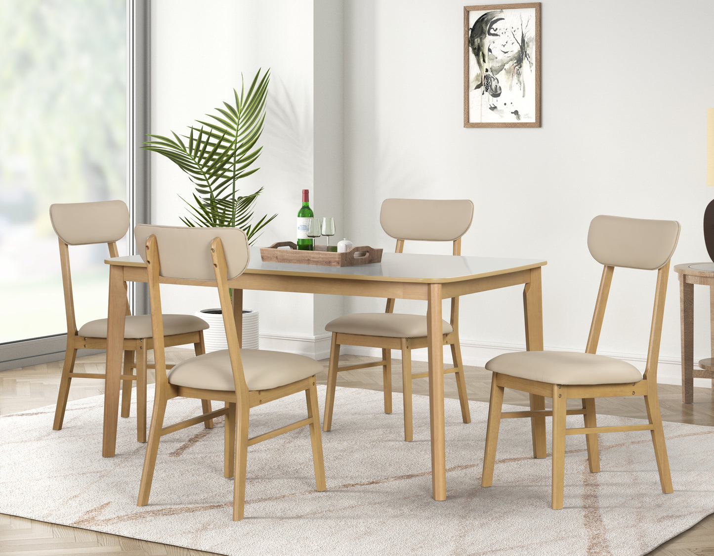 Modern dining set with light wood frame and beige upholstered seats