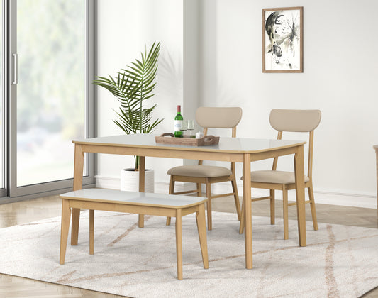 Midcentury modern dining set with white tabletop light wood legs and beige upholstered chairs