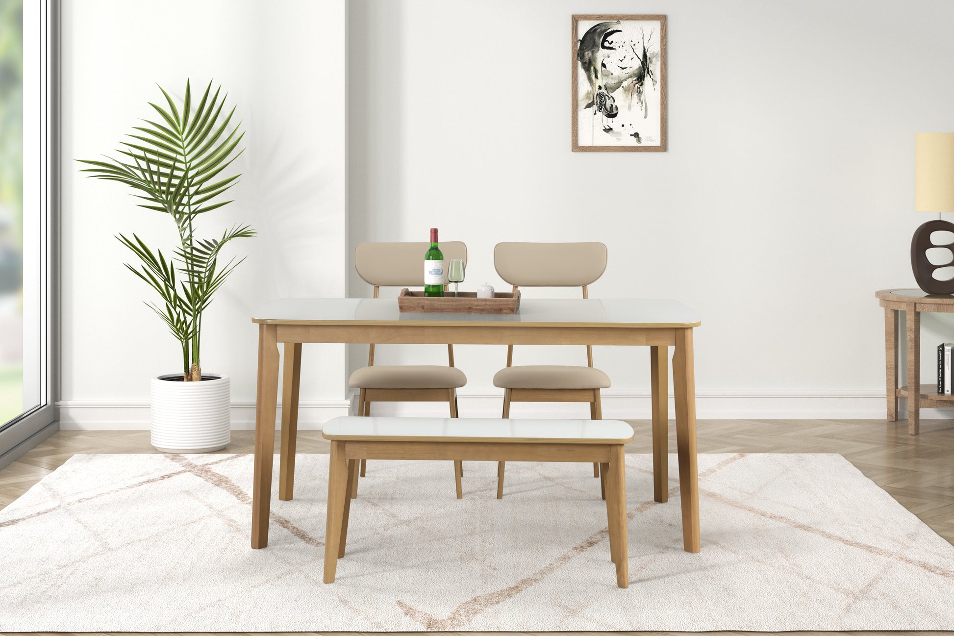 Minimalist white and wood dining table set with two upholstered chairs and a bench