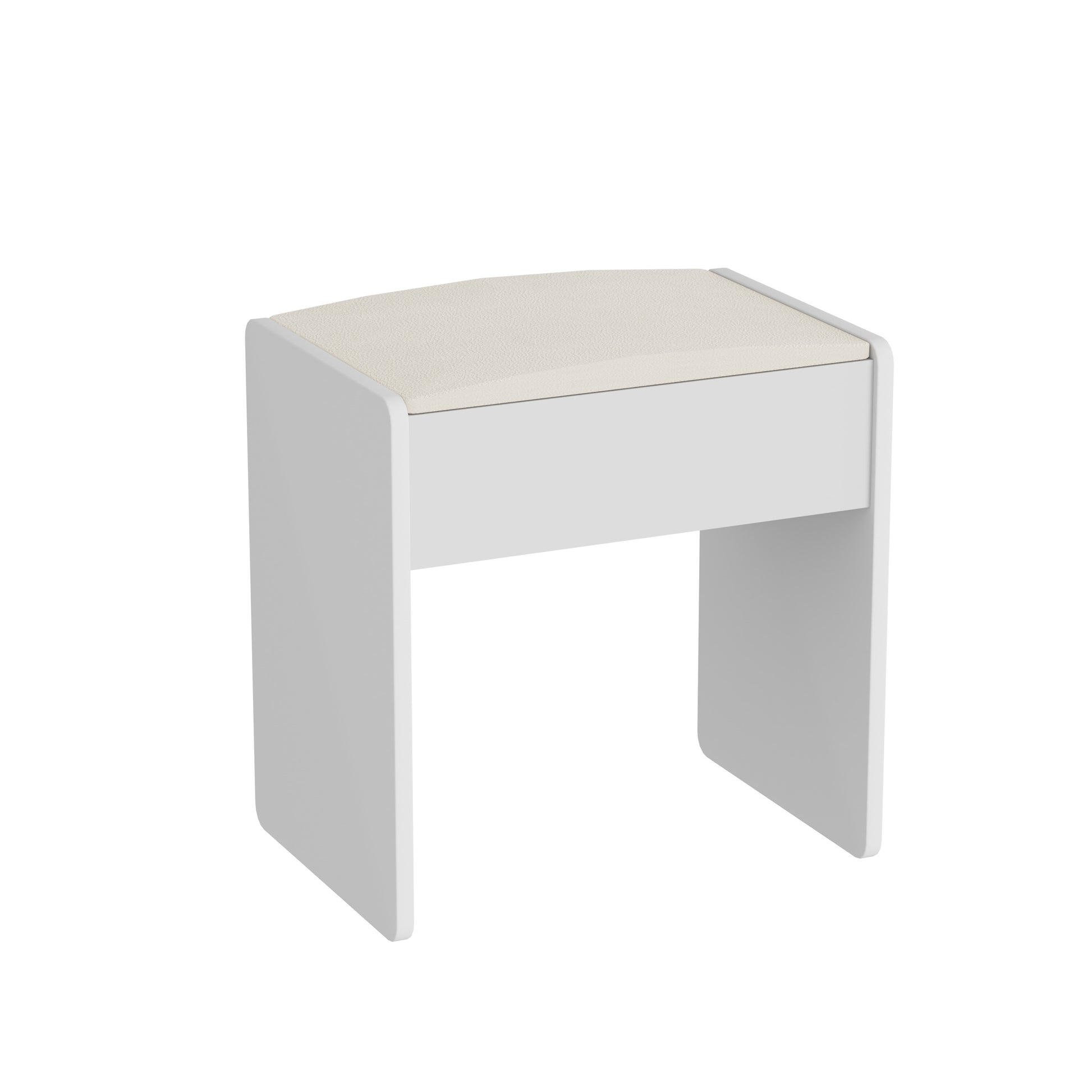 White modern vanity stool with a textured cream upholstered seat