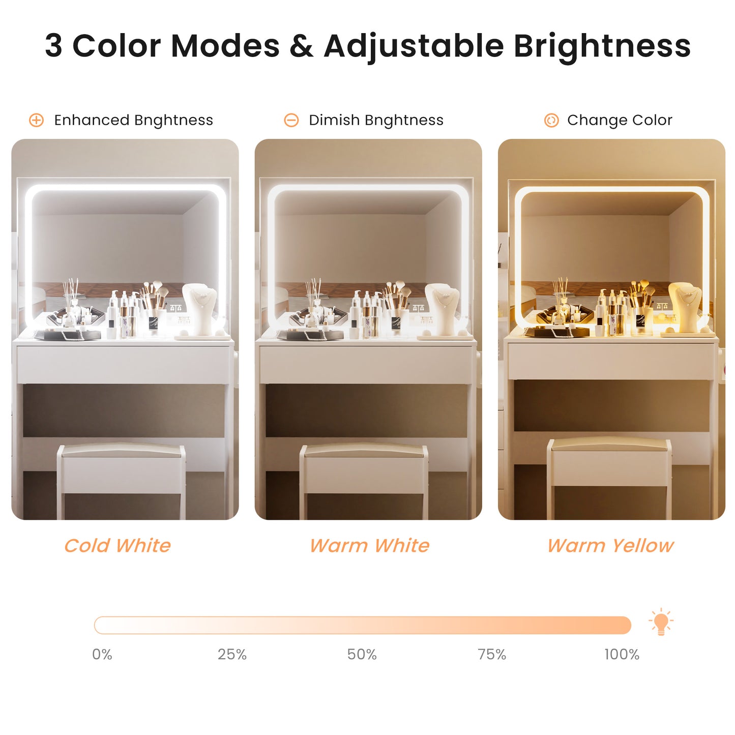Makeup vanity with integrated LED mirror in cold white light