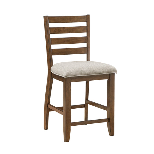 Wooden counter stool with upholstered seat and slatted back