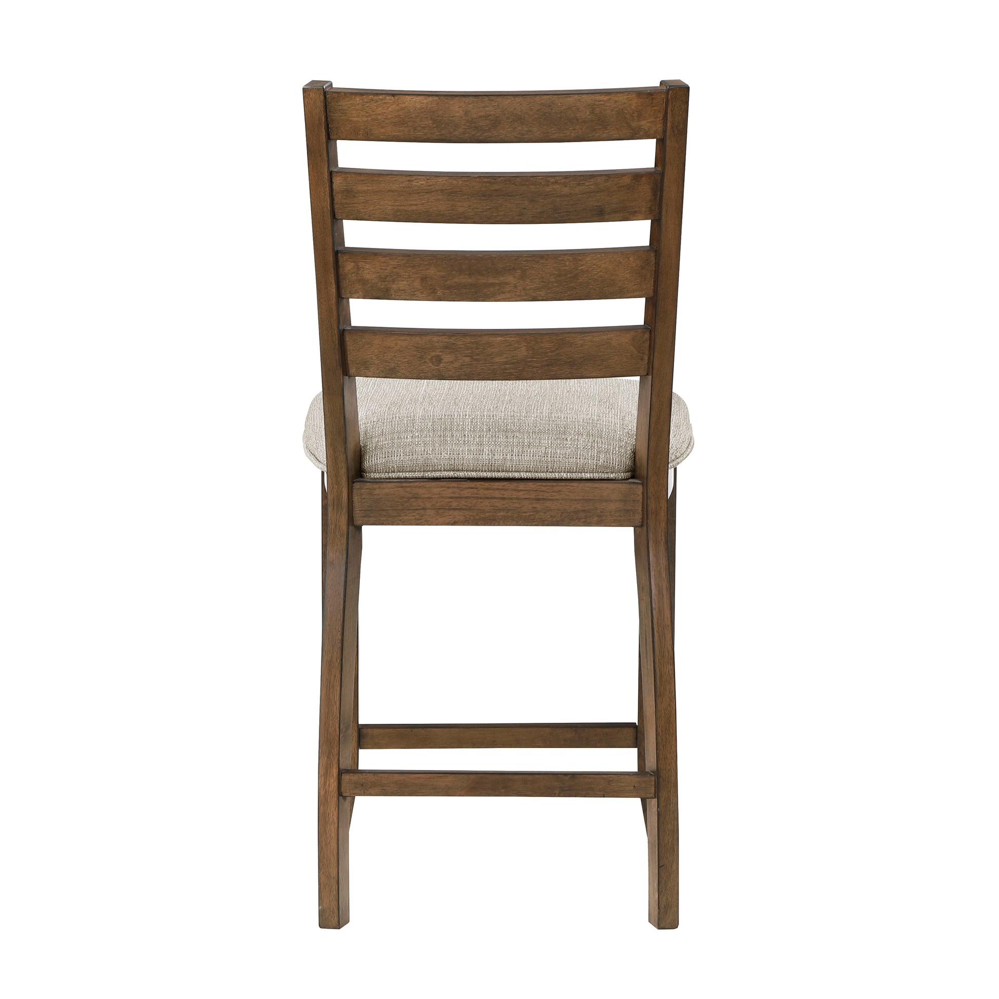 Dark wood counter stool with woven upholstered seat and slatted back