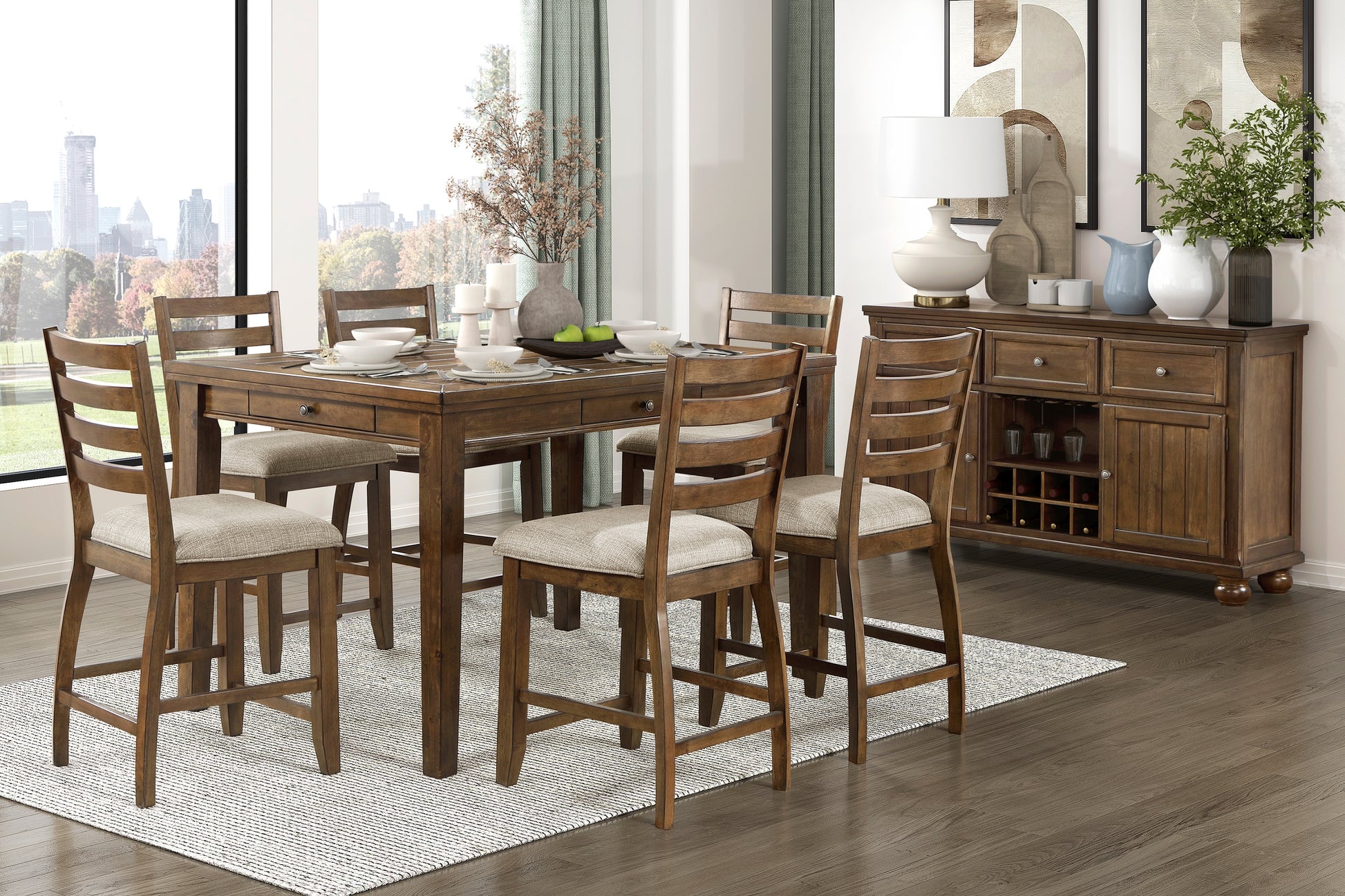 Wooden bar stool with upholstered seat and ladder back perfect for a modern kitchen