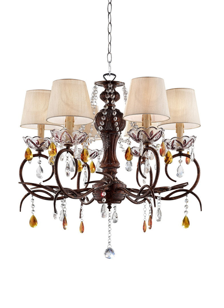 Elegant bronze chandelier with amber and clear crystal teardrop accents cream empire shades