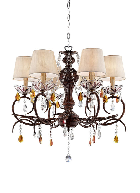 Elegant bronze chandelier with amber and clear crystal teardrop accents cream empire shades