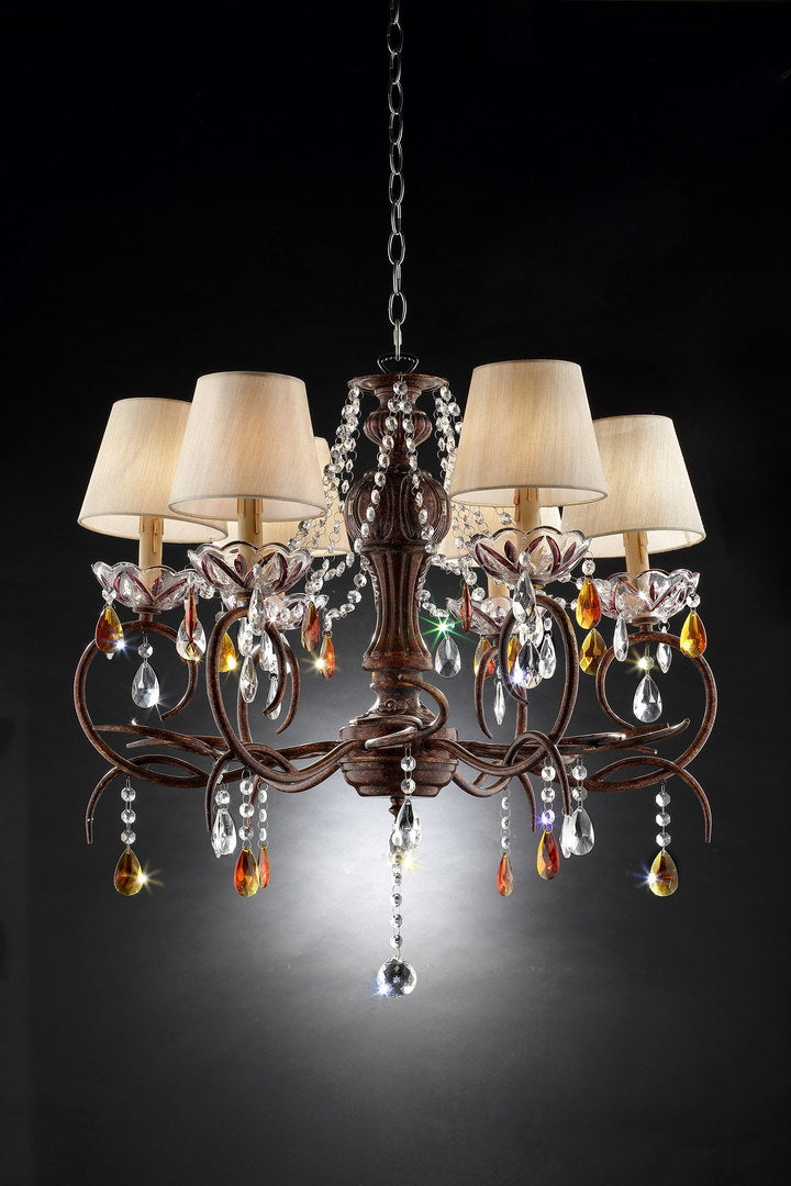 Rustic bronze chandelier with crystal drops and five cream fabric shades
