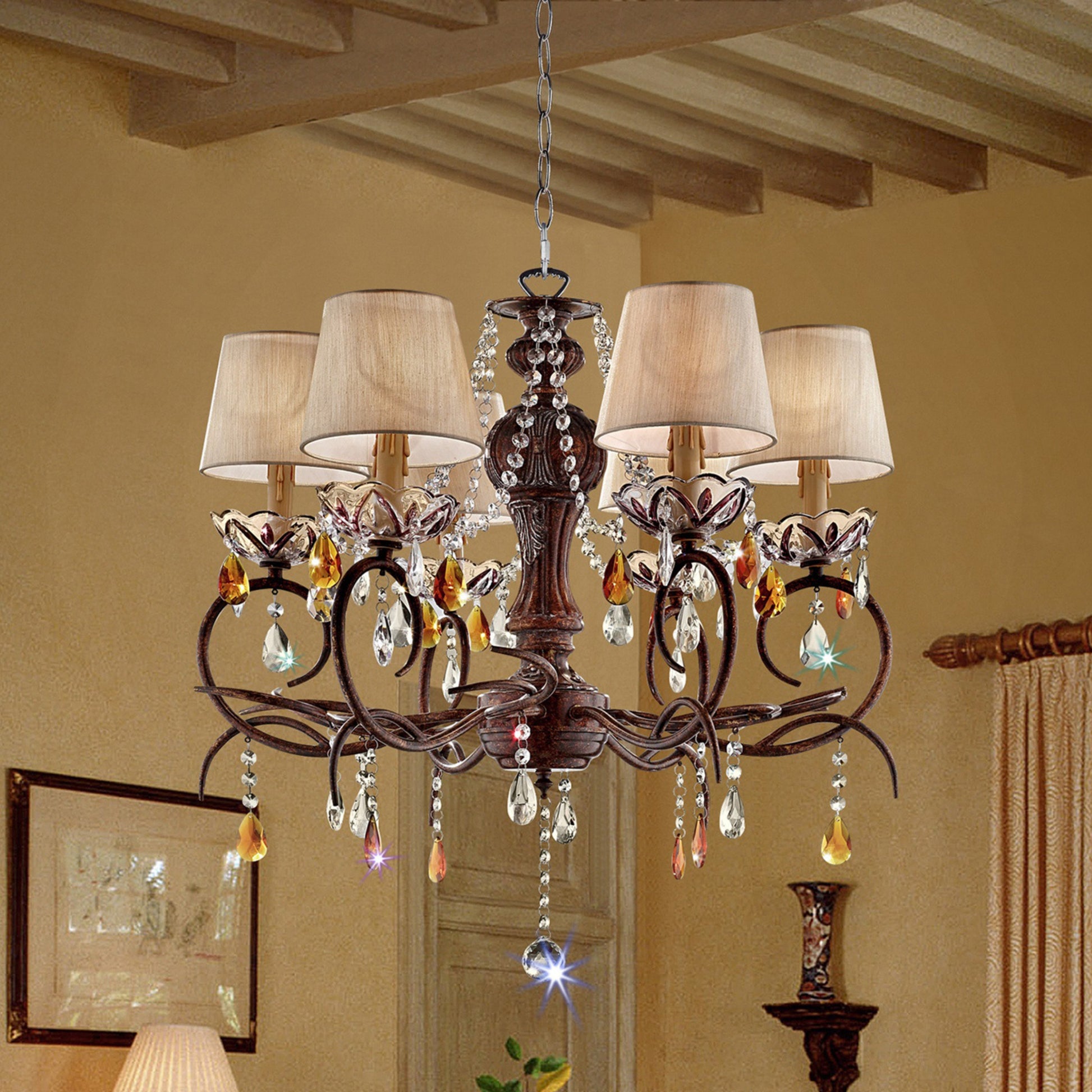 Rustic bronze light chandelier with cream linen shades and crystal accents