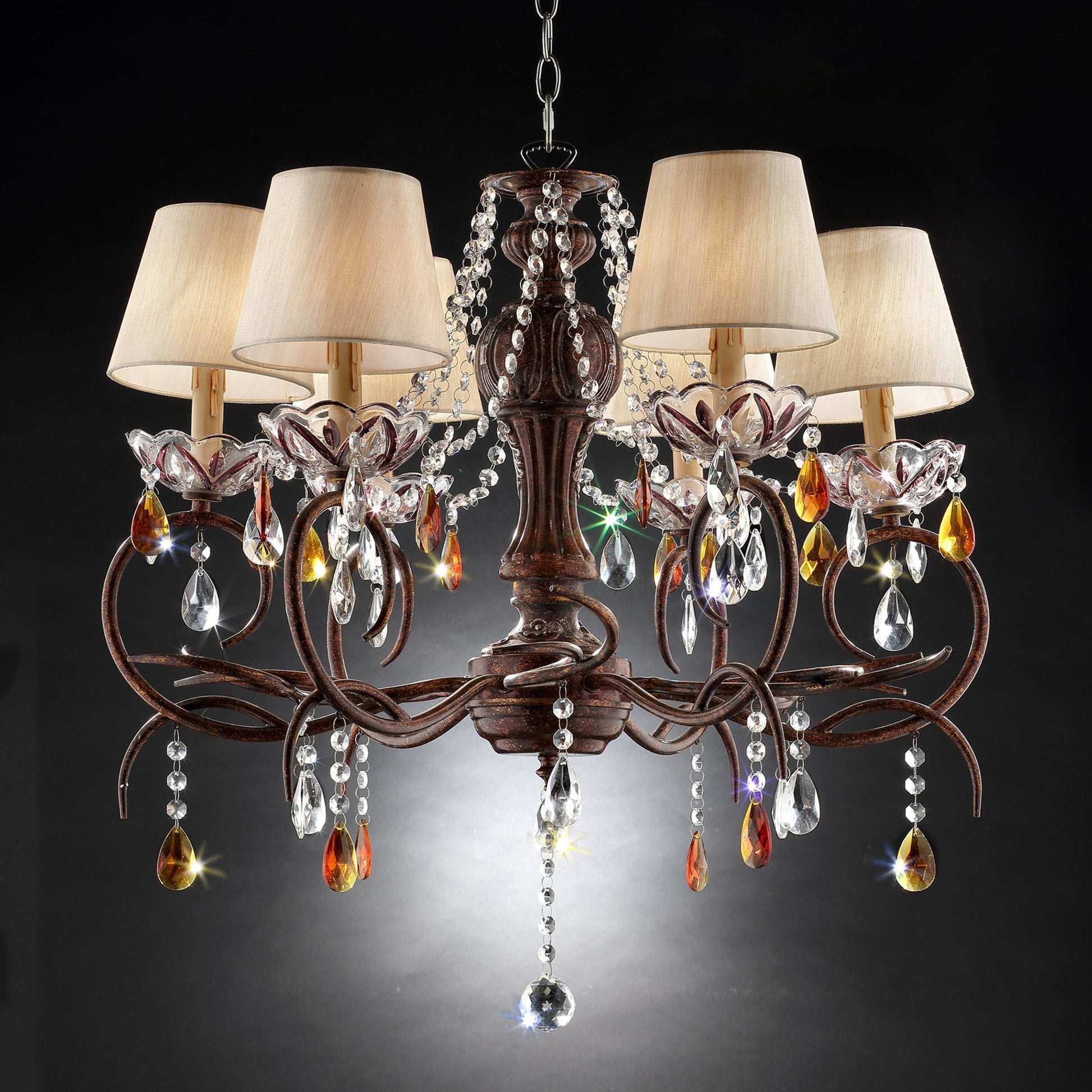 Rustic brown chandelier with beige fabric shades and crystal accents