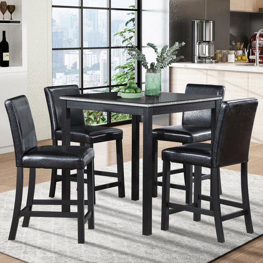 Black faux leather bar stools and a square counter height table set