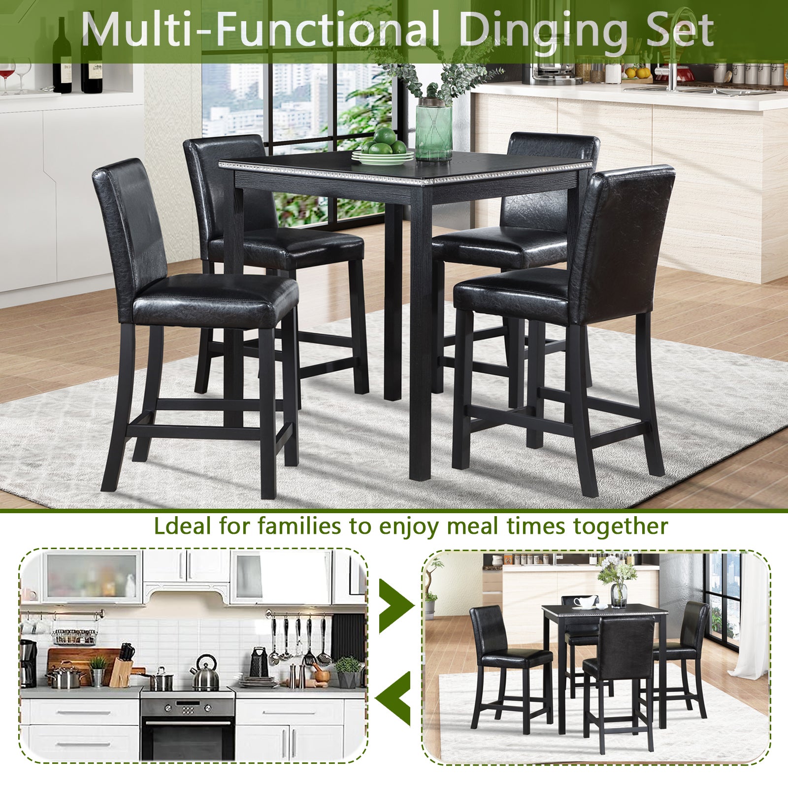 Black faux leather bar stools and matching high table set with decorative edge