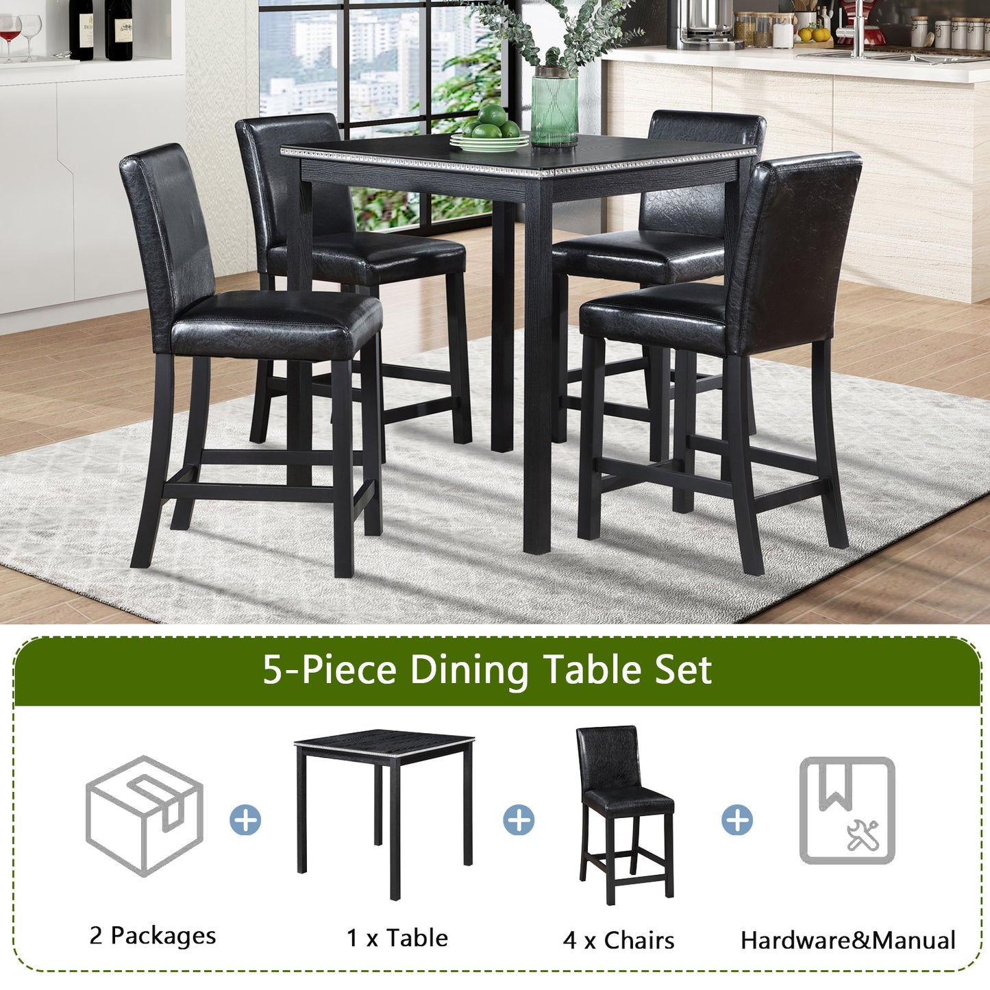 Black leatherette counter height stools surrounding a black wood dining table