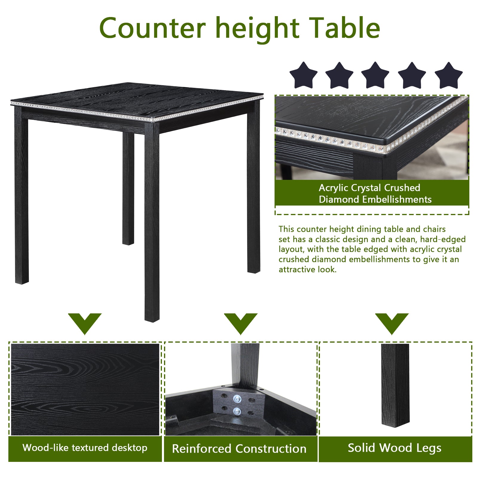 Black counter height table with woodlike texture and diamond embellishments